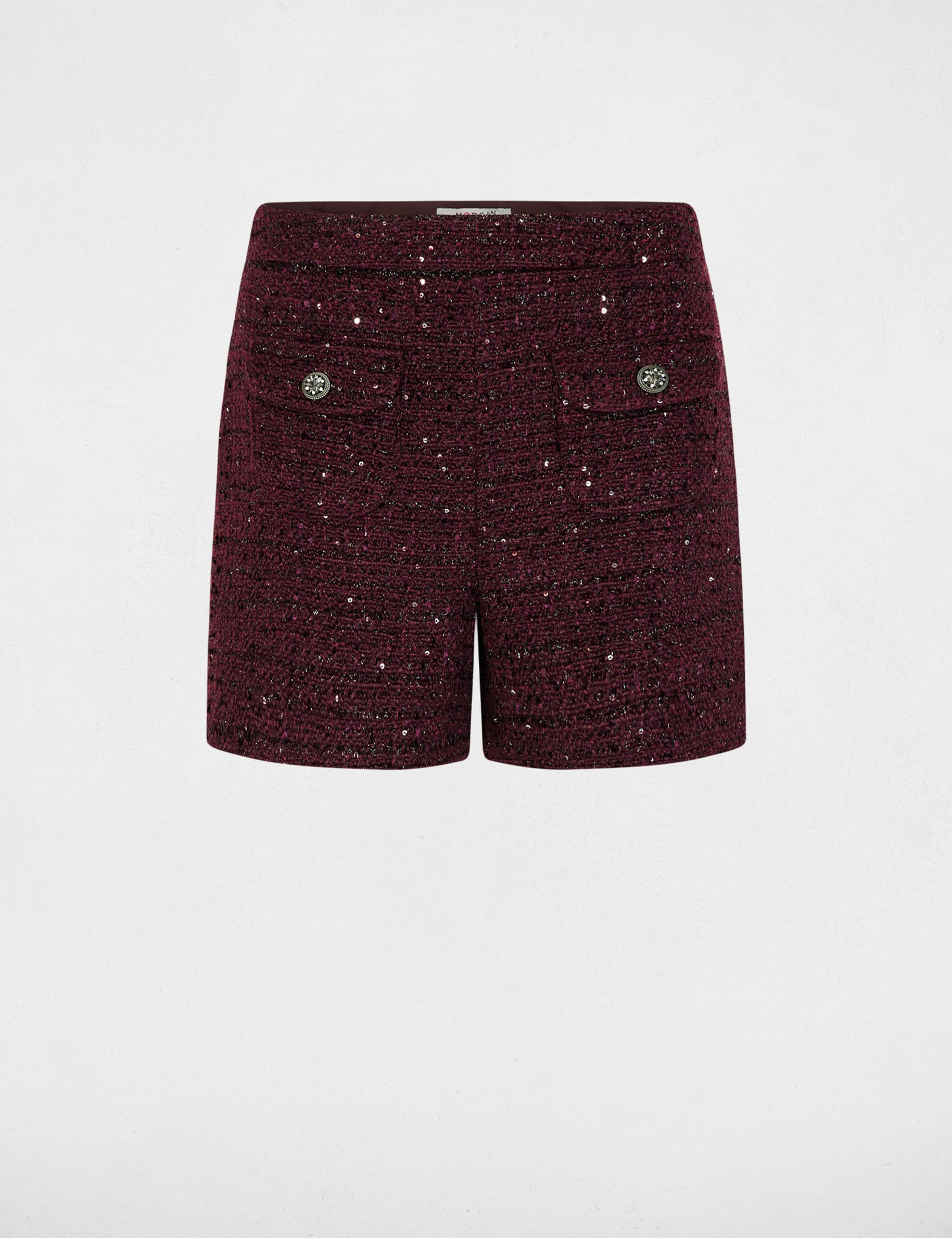 Short tweed taille haute prune femme