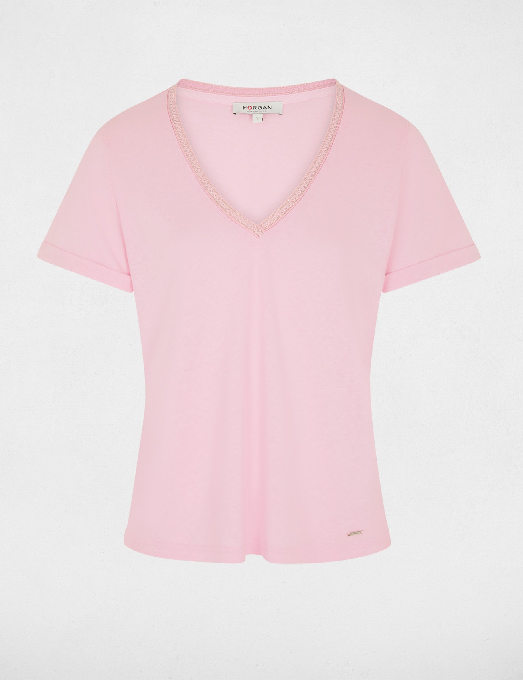T-shirt met parels en V-hals roze vrouw