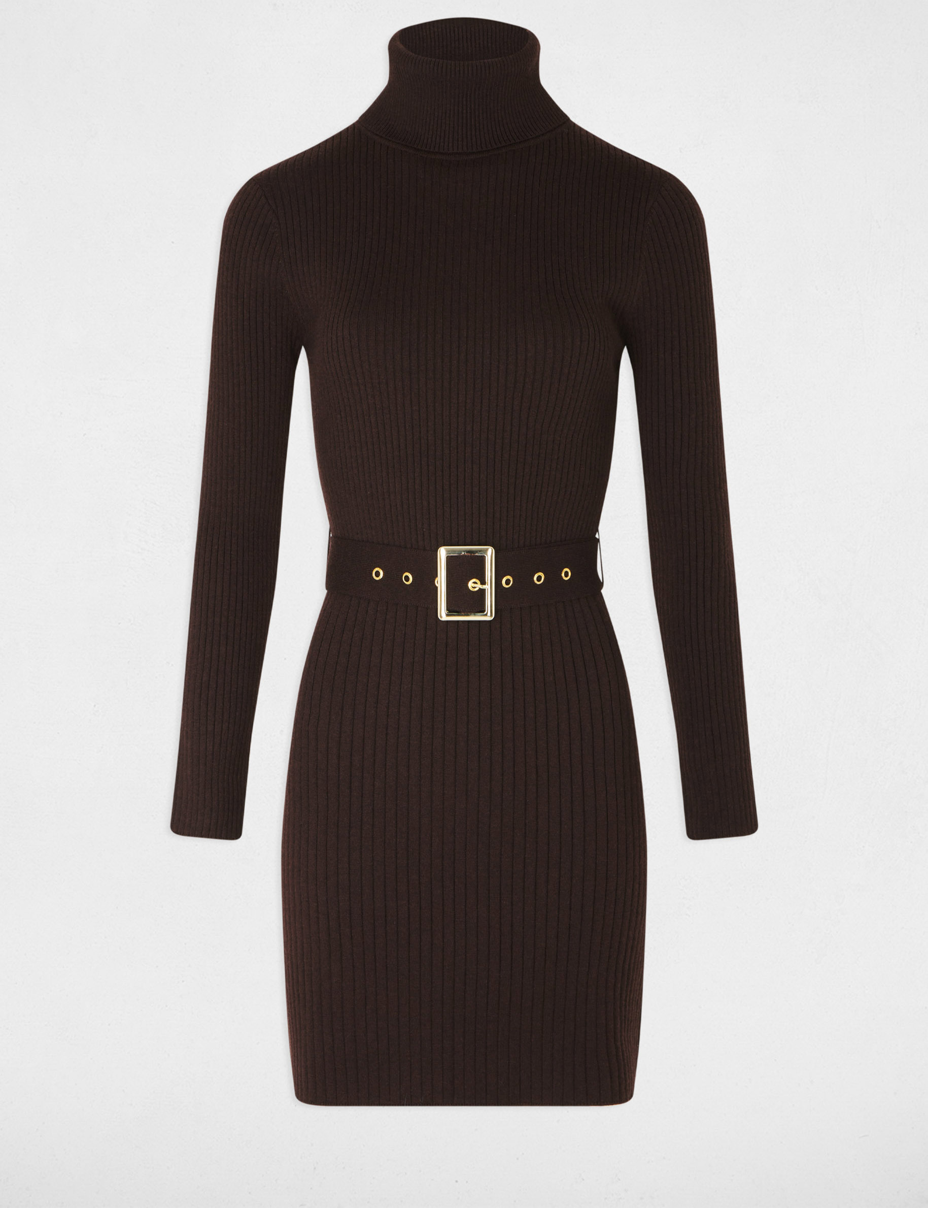 Gebreide jurk met coltrui donker bruin vrouw