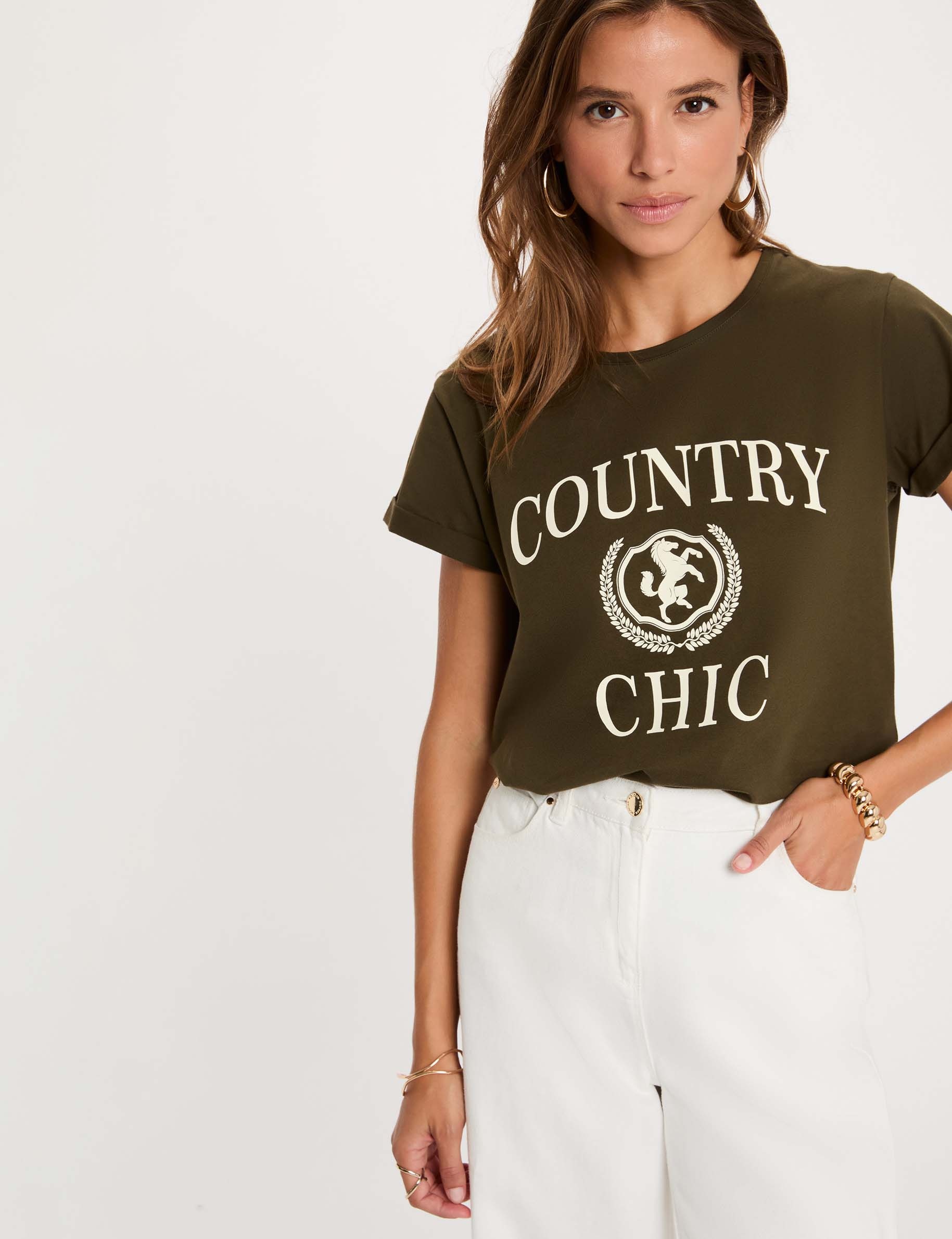 T-shirt col rond manches courtes vert kaki femme