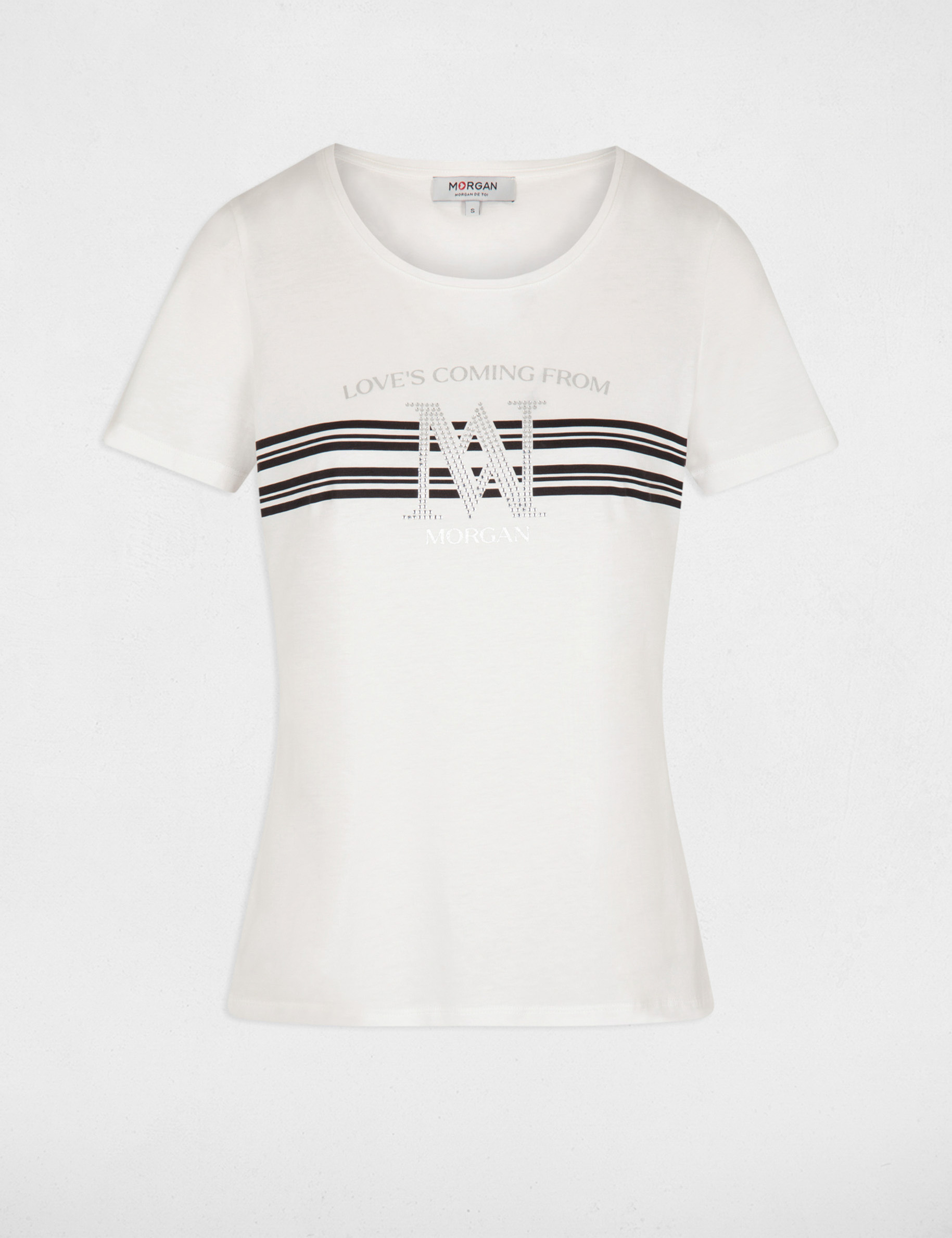 T-shirt met korte mouwen en strassstenen ecru vrouw