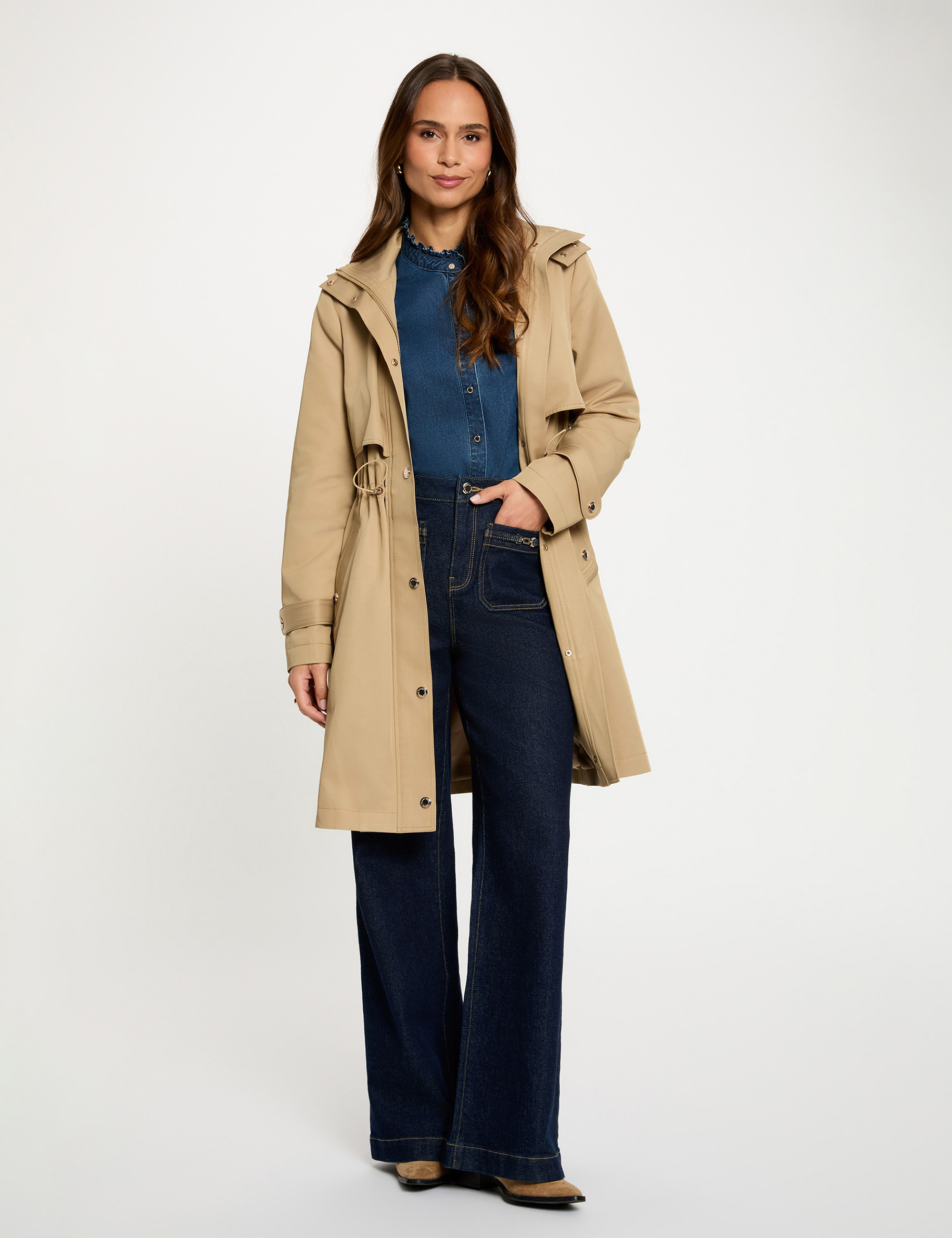 Lange parka met opstaande kraag beige vrouw