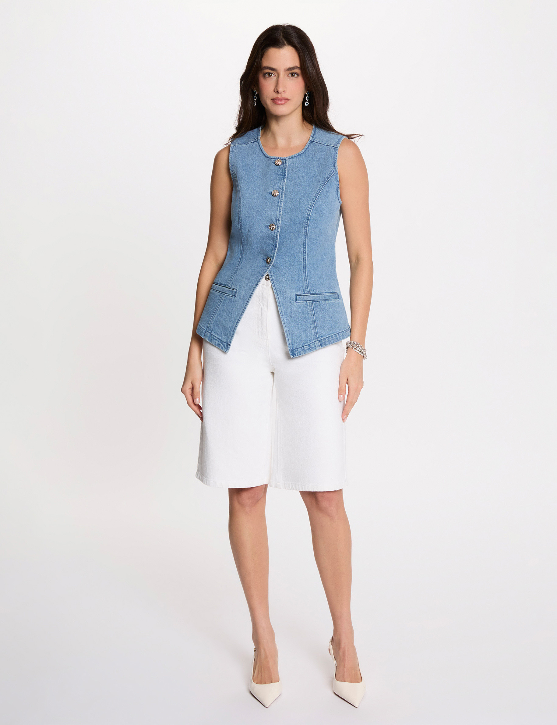 Mouwloos spijkerjack dubbel stone washed denim vrouw