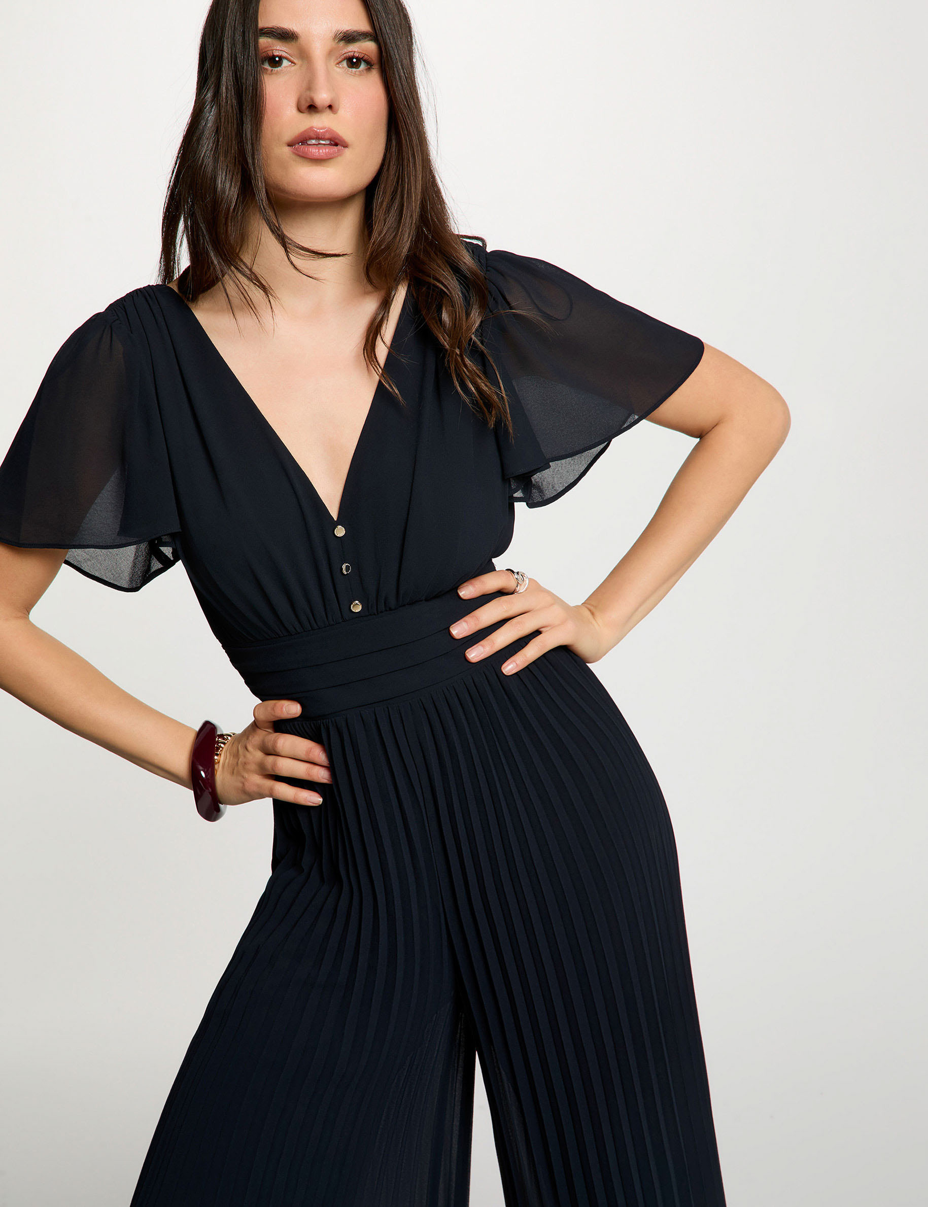 Combinaison pliss&eacute;e col v bleu marine femme