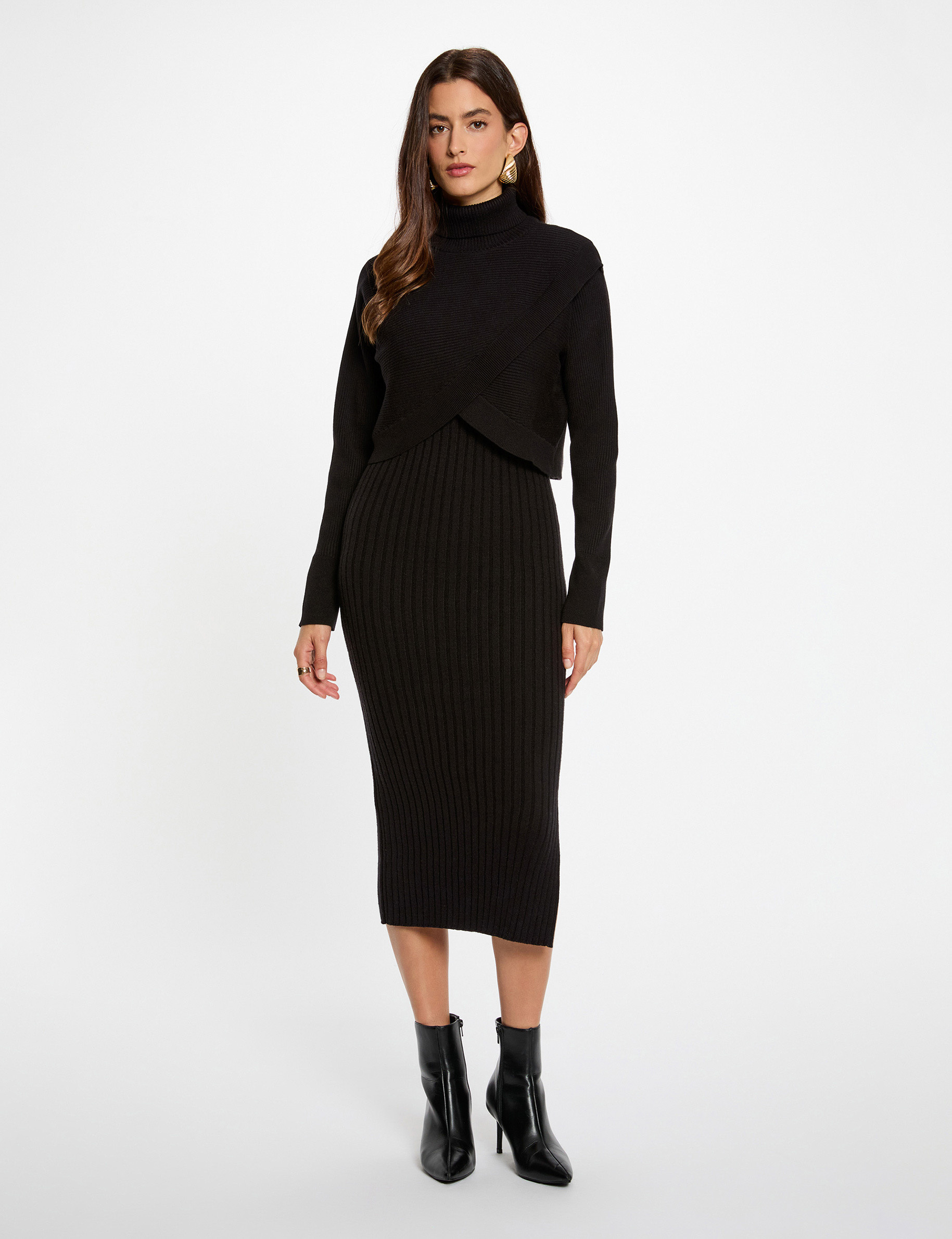 Robe tricot col roul&eacute; noir femme