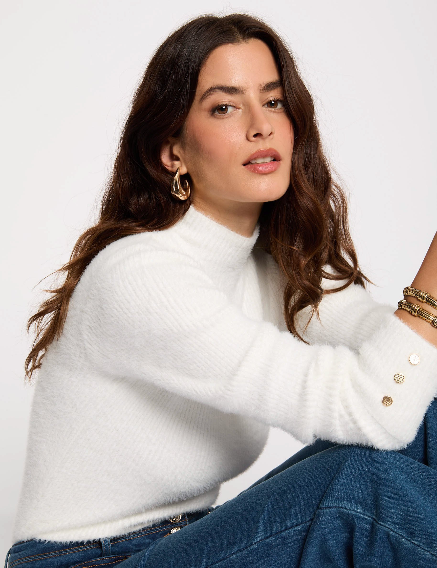 Pull manches longues maille duveteuse ivoire femme