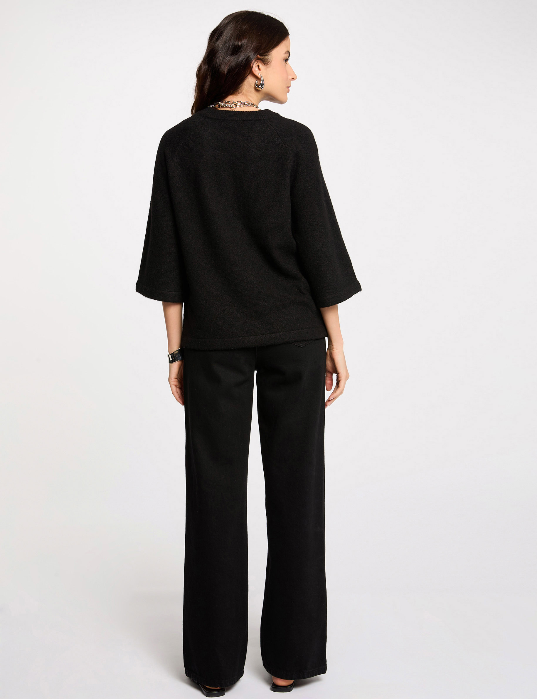 Pull manches 3/4 oversize noir femme