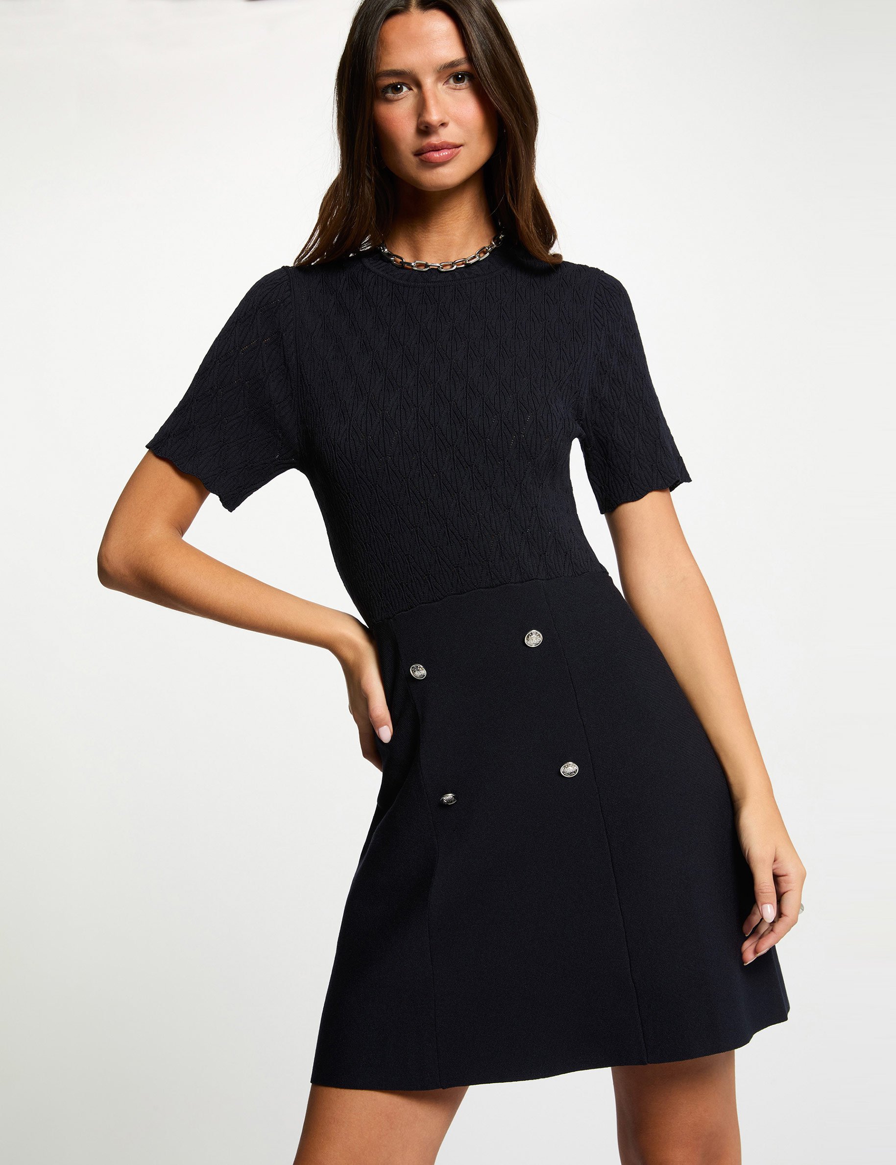 Robe courte col rond bleu marine femme