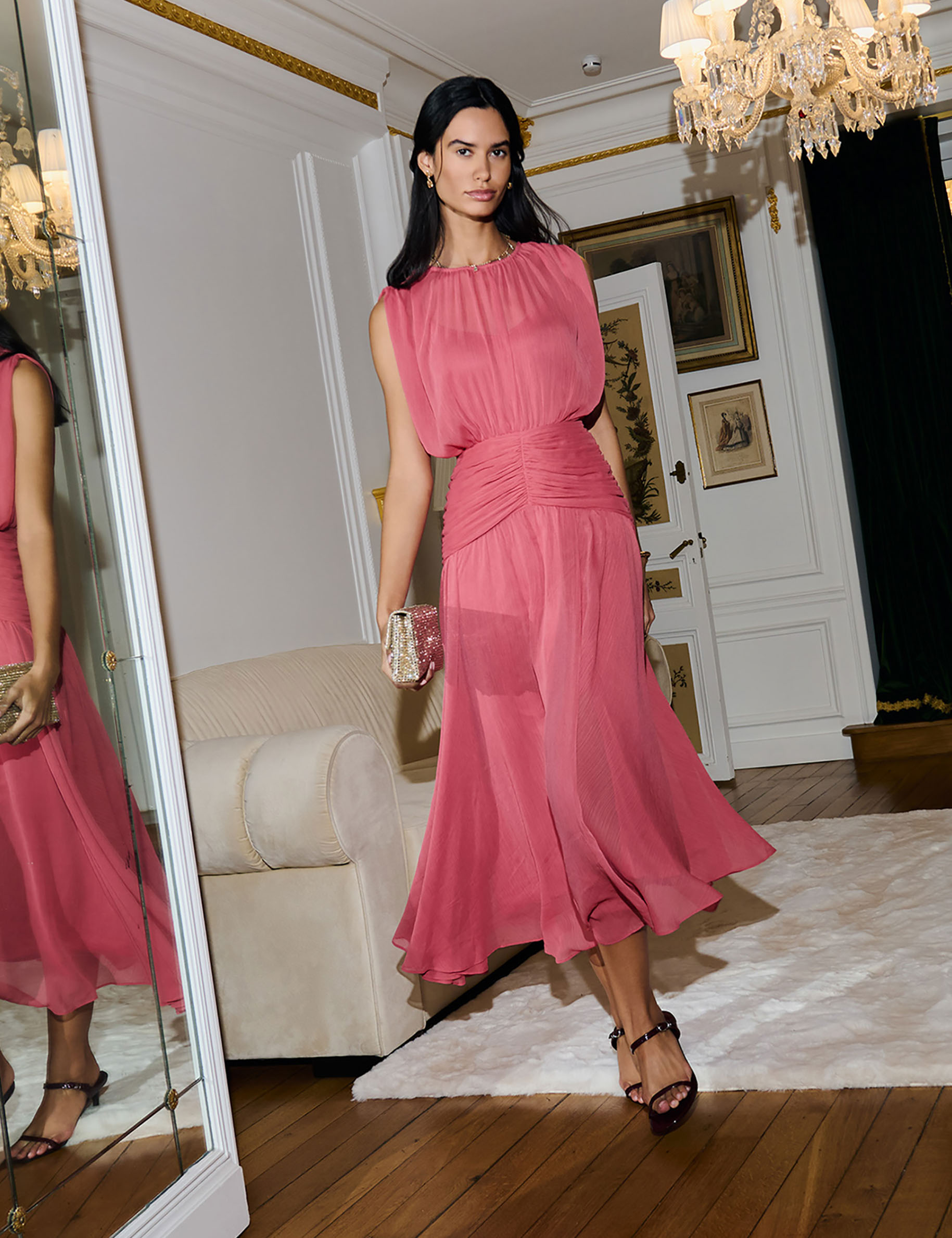 Robe longue drap&eacute;e vieux rose femme