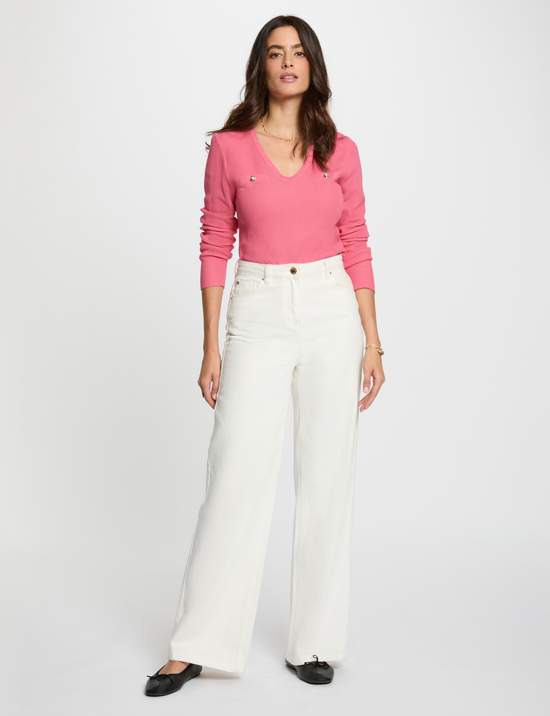 Pull ajusté col v rose fushia femme