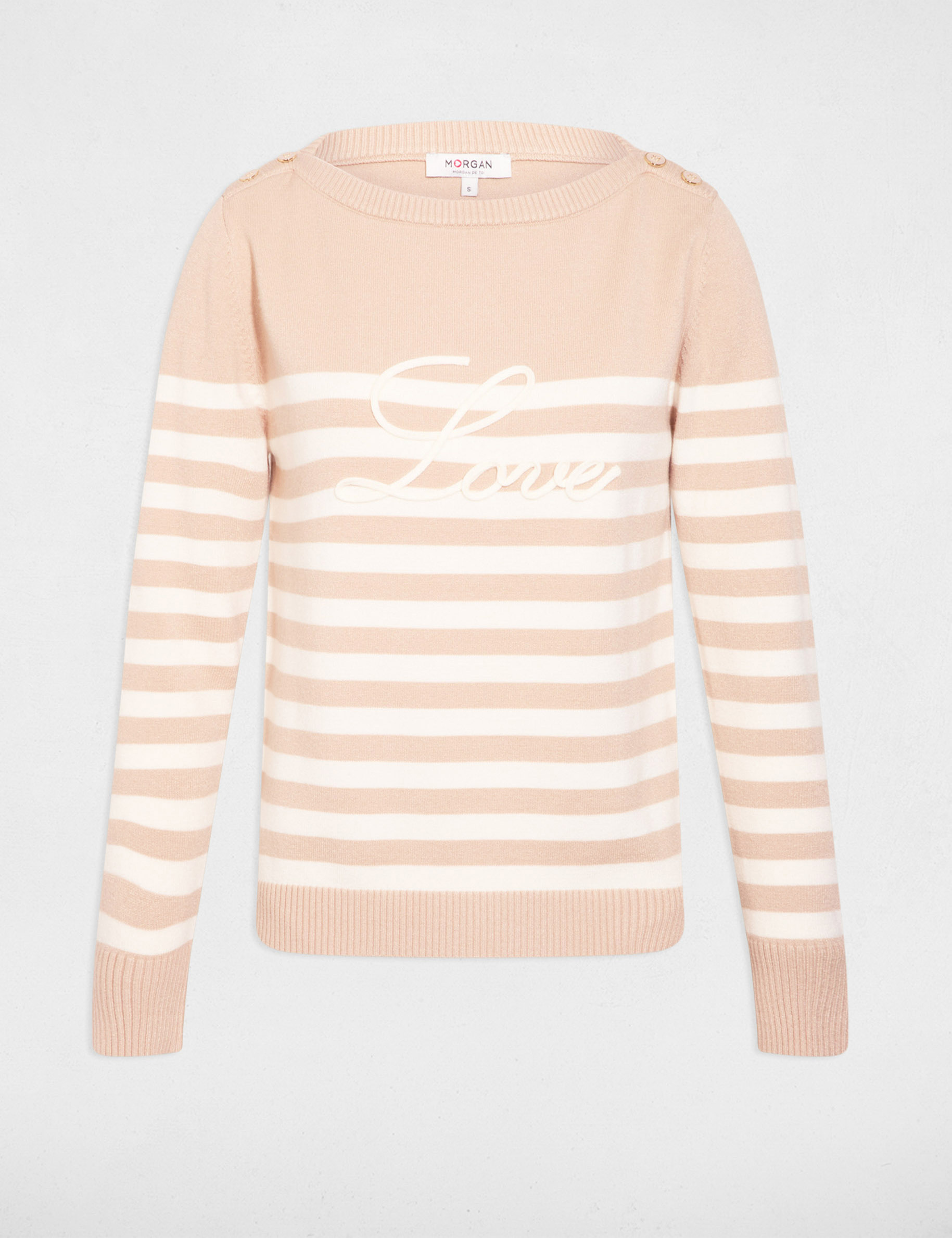 Gestreepte geborduurde trui marron clair vrouw