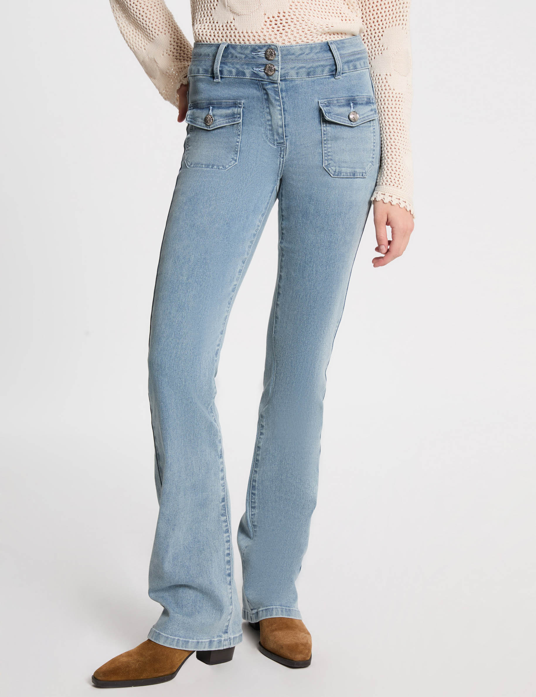 bootcut jeans met hoge taille gebleekt denim vrouw Bootcut jeans met hoge taille gebleekt denim vrouw