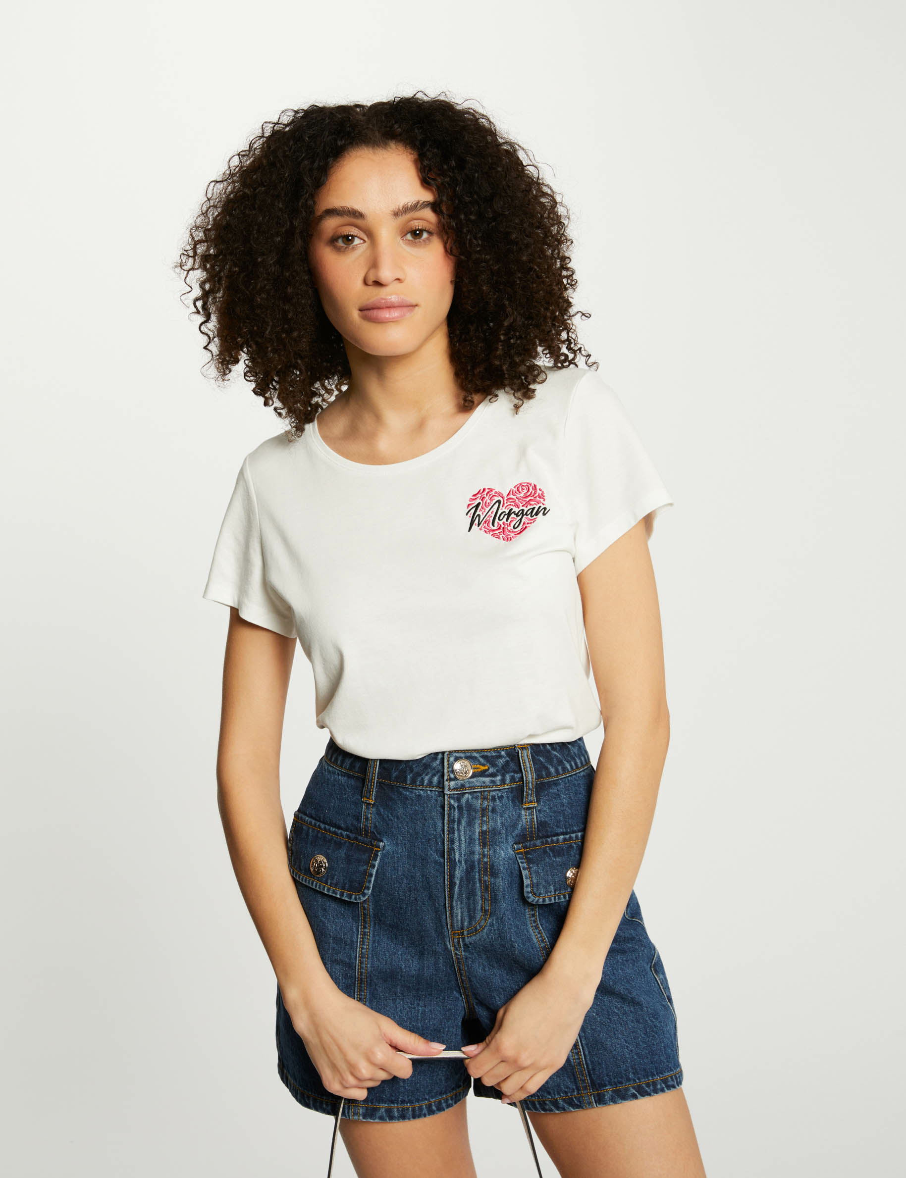 t shirt manches courtes brode ecru femme T-shirt manches courtes brodé ecru femme