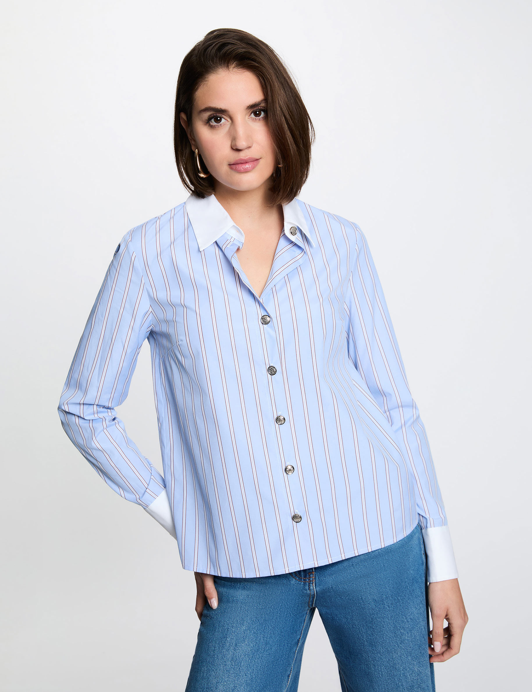 Chemise ray&eacute;e col contrastant bleu ciel femme
