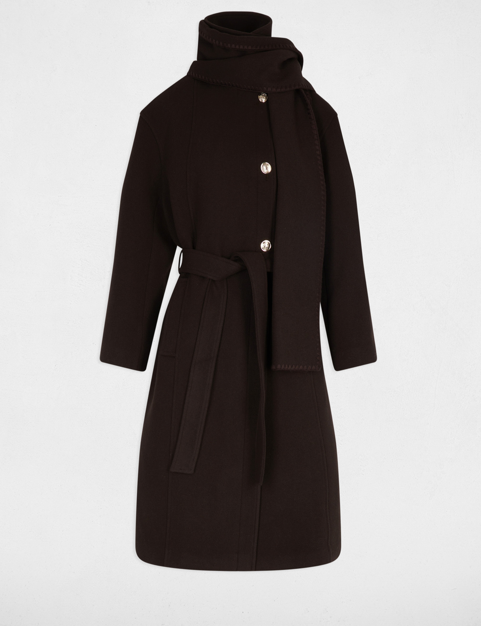 Manteau long col montant marron foncé femme