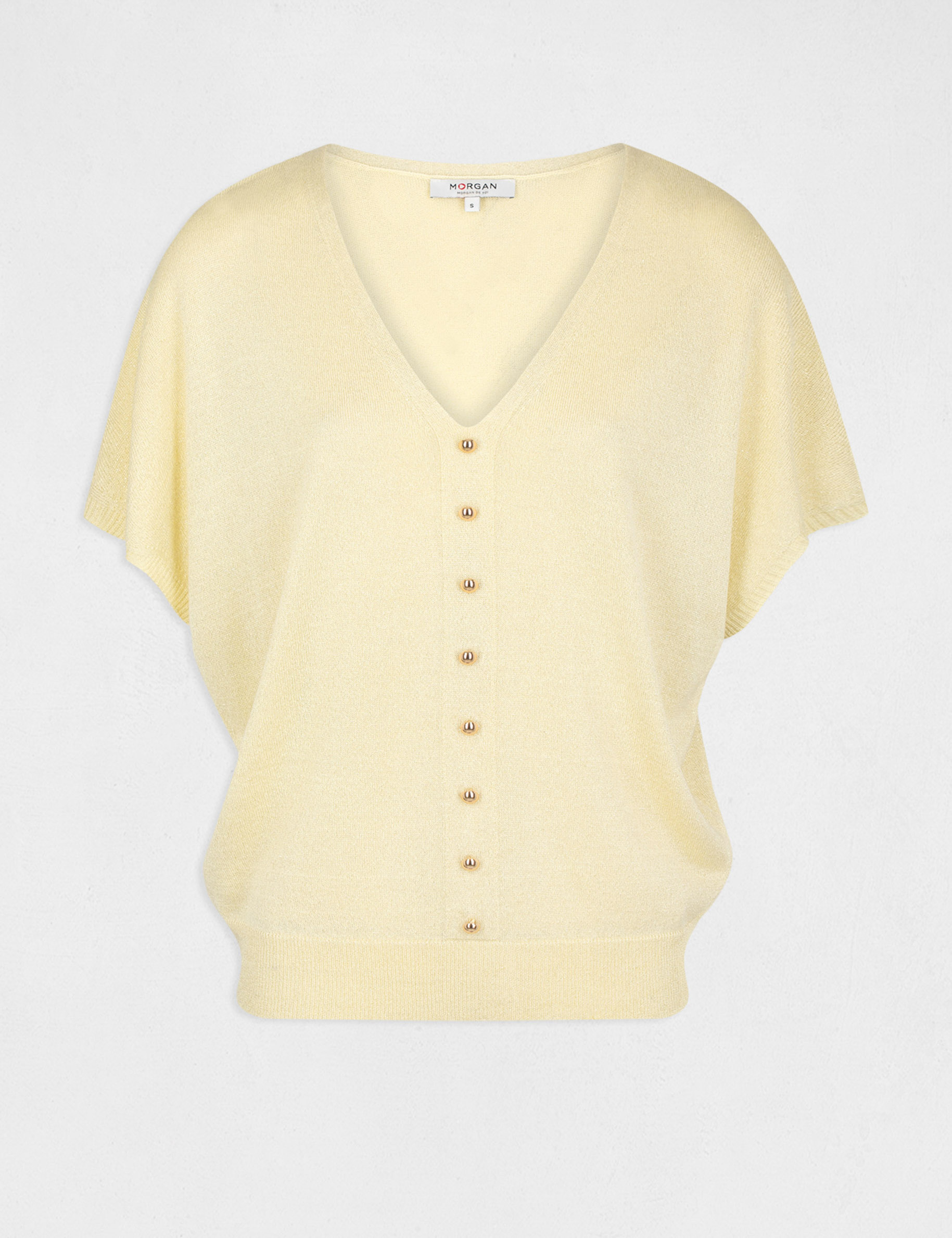 Pull manches courtes avec boutons jaune paille femme