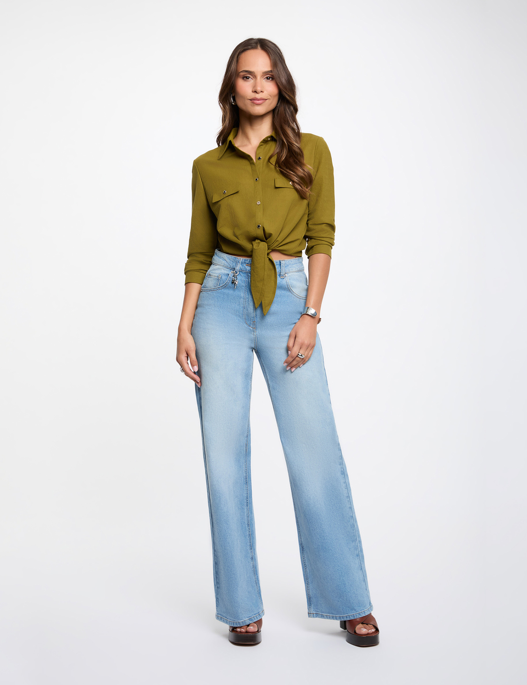 Geknoopte blouse met reverskraag olijfgroen vrouw