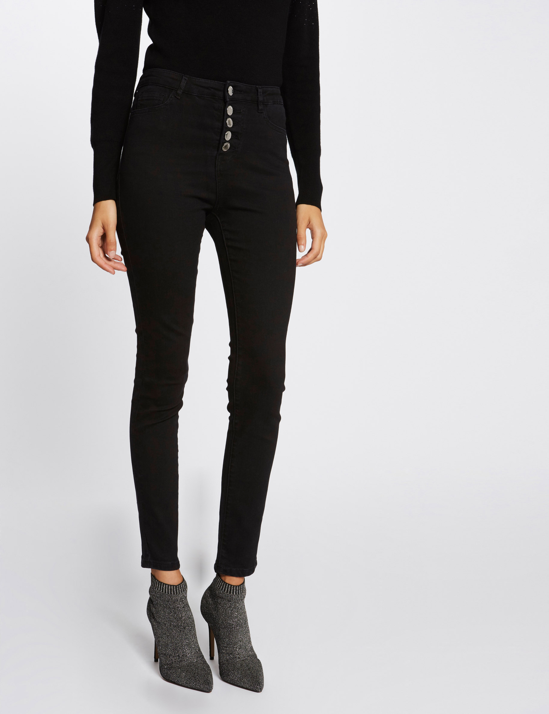 Jeans skinny taille standard boutonn&eacute; noir femme