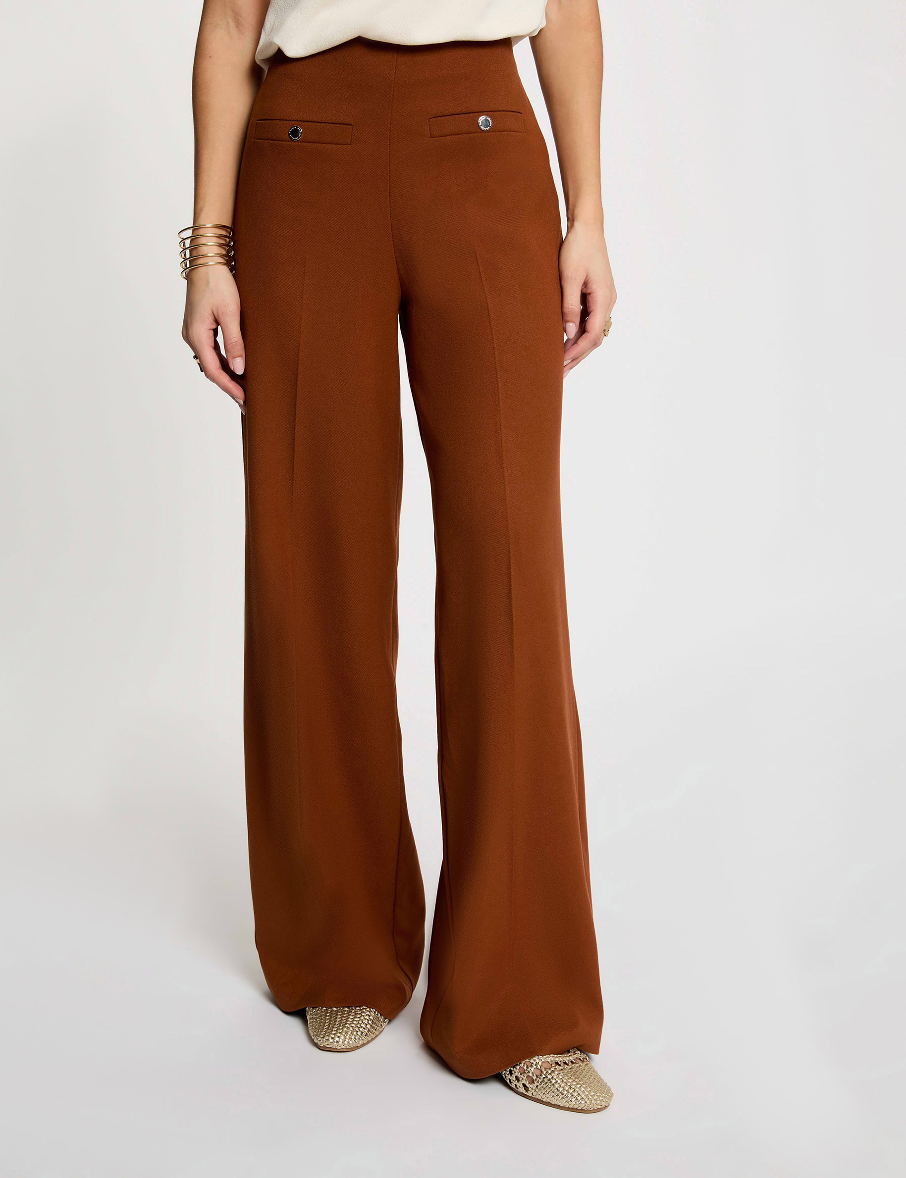 Hoge taille brede broek cognacbruin vrouw