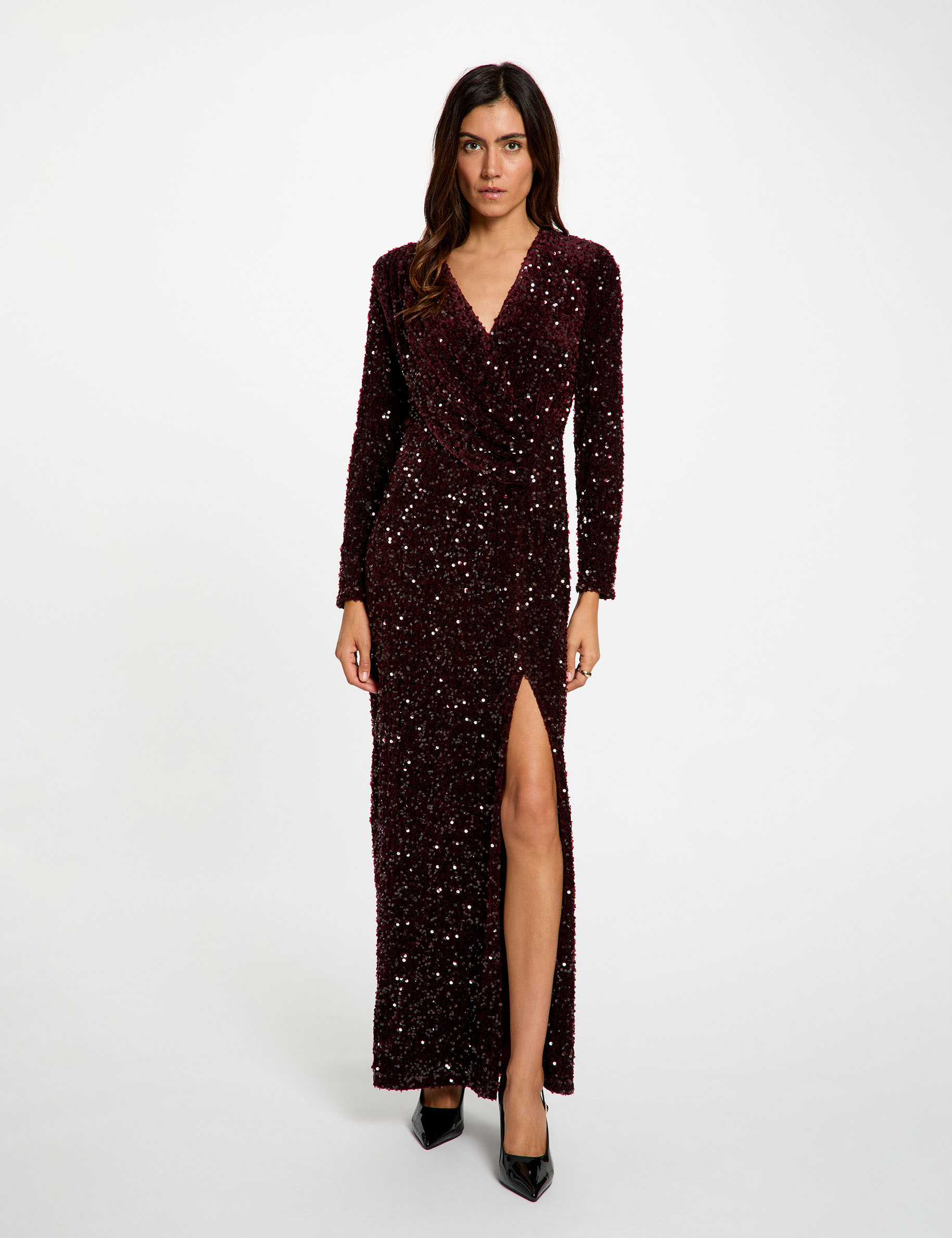 Robe longue ajust&eacute;e sequins prune femme