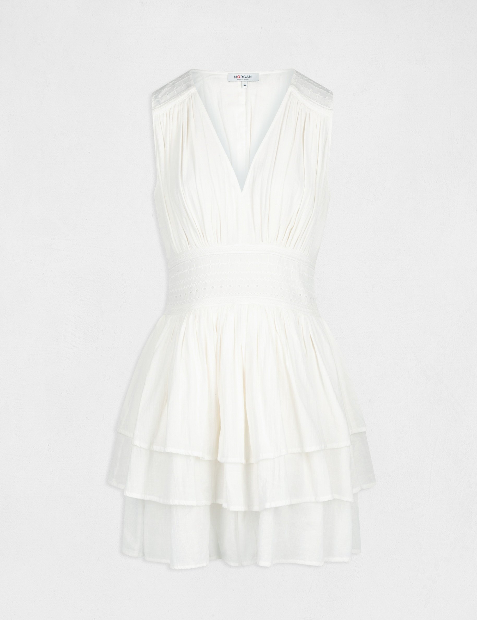 Robe &eacute;vas&eacute;e avec volants et broderie ecru femme