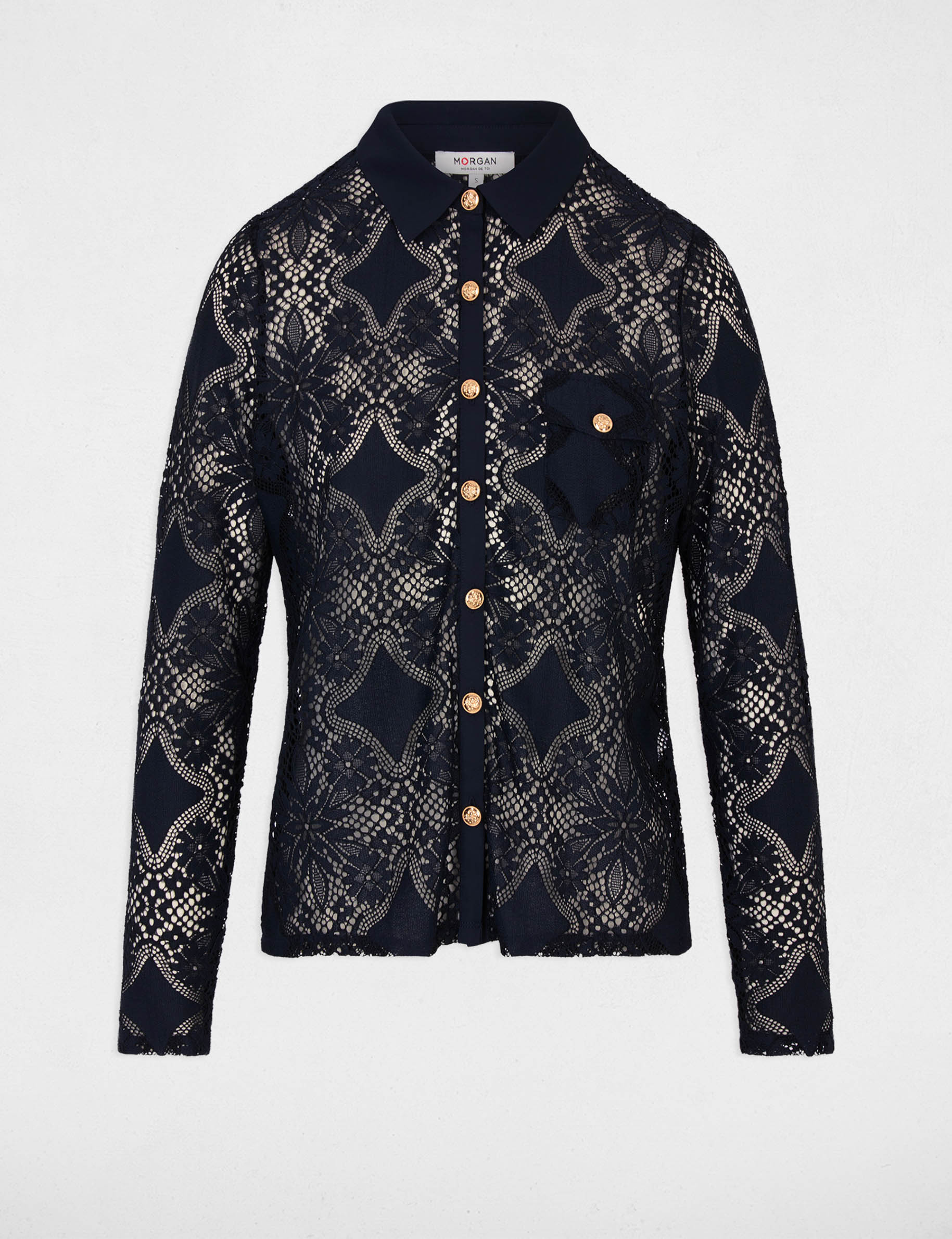 Kant blouse met reverskraag marineblauw vrouw