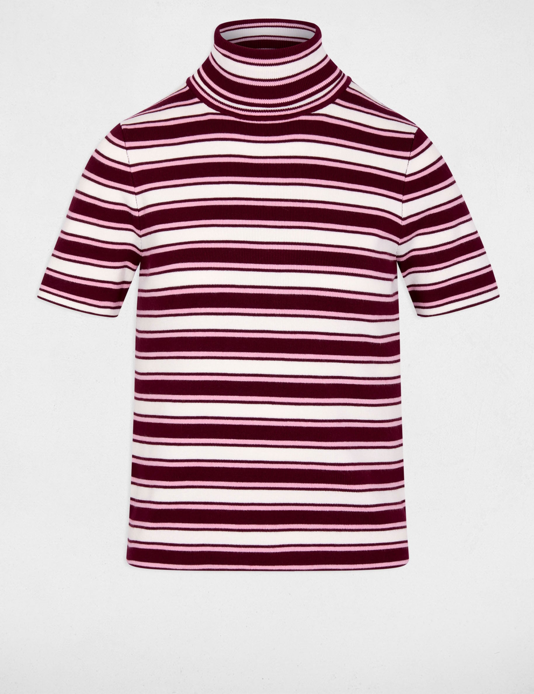 Pull col roul&eacute; ray&eacute; bordeaux femme