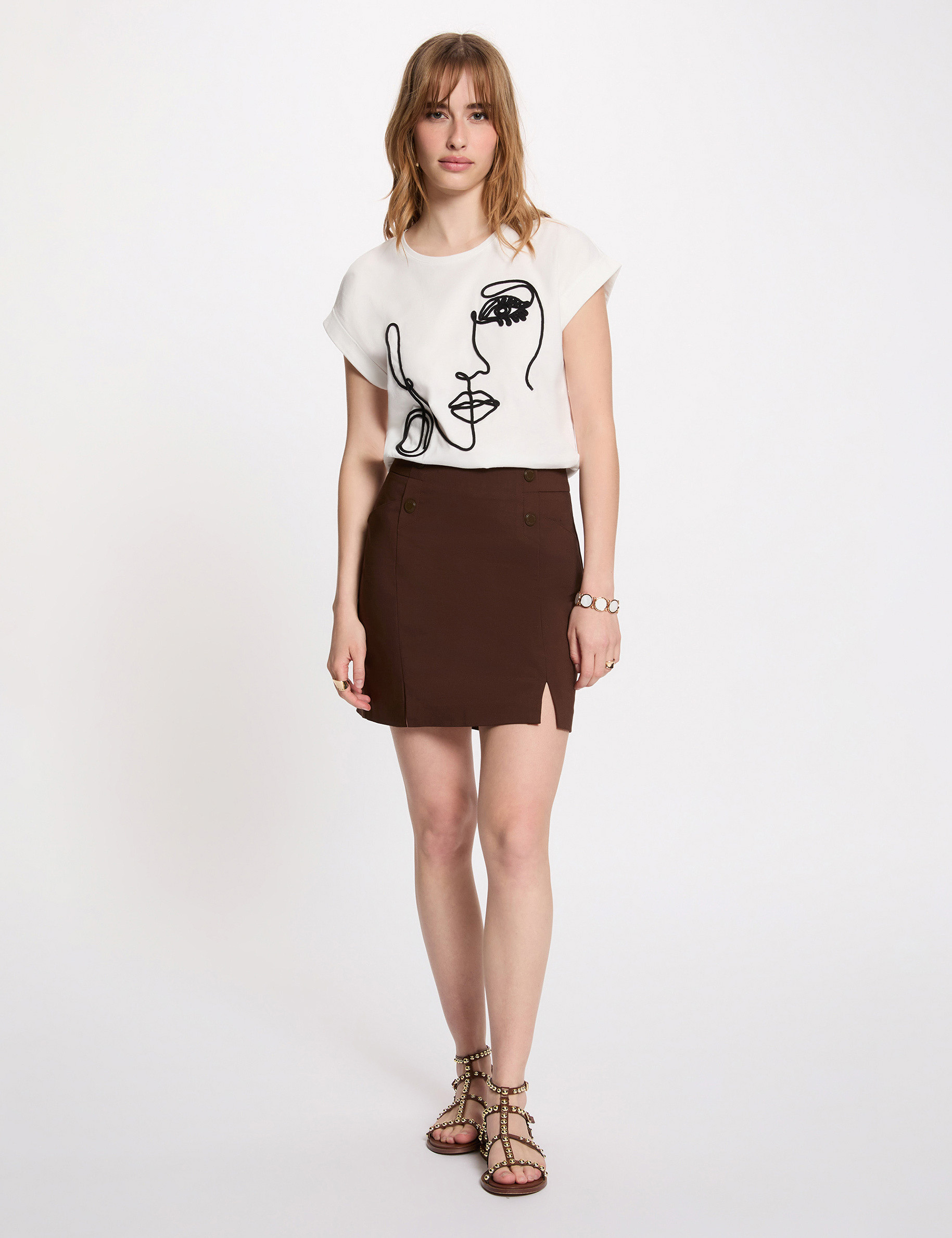 T-shirt met gezichtsborduursel helder wit vrouw