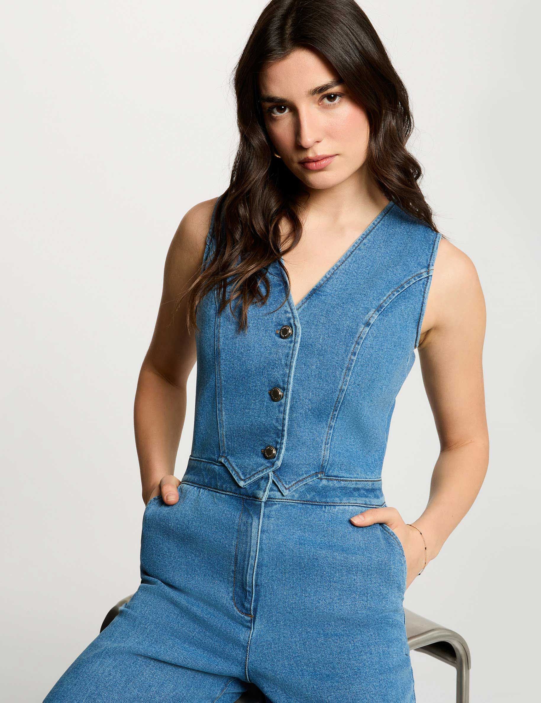 Combinaison ajust&eacute;e col v denim double stone femme
