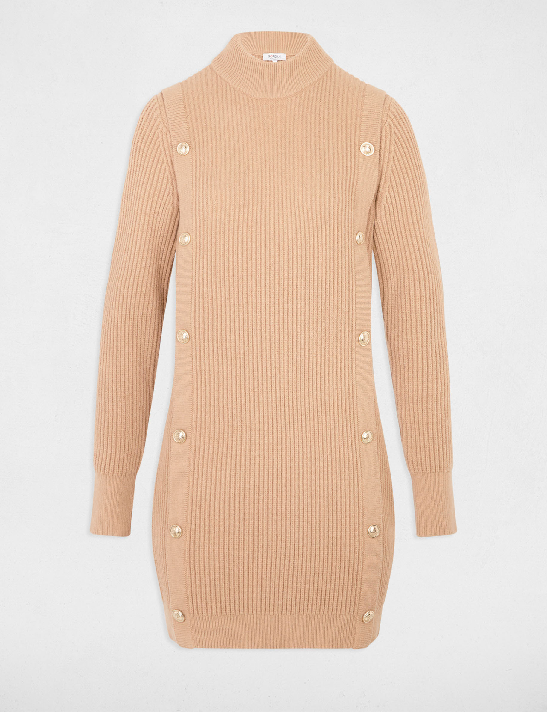 Korte gebreide jurk met ronde hals beige vrouw