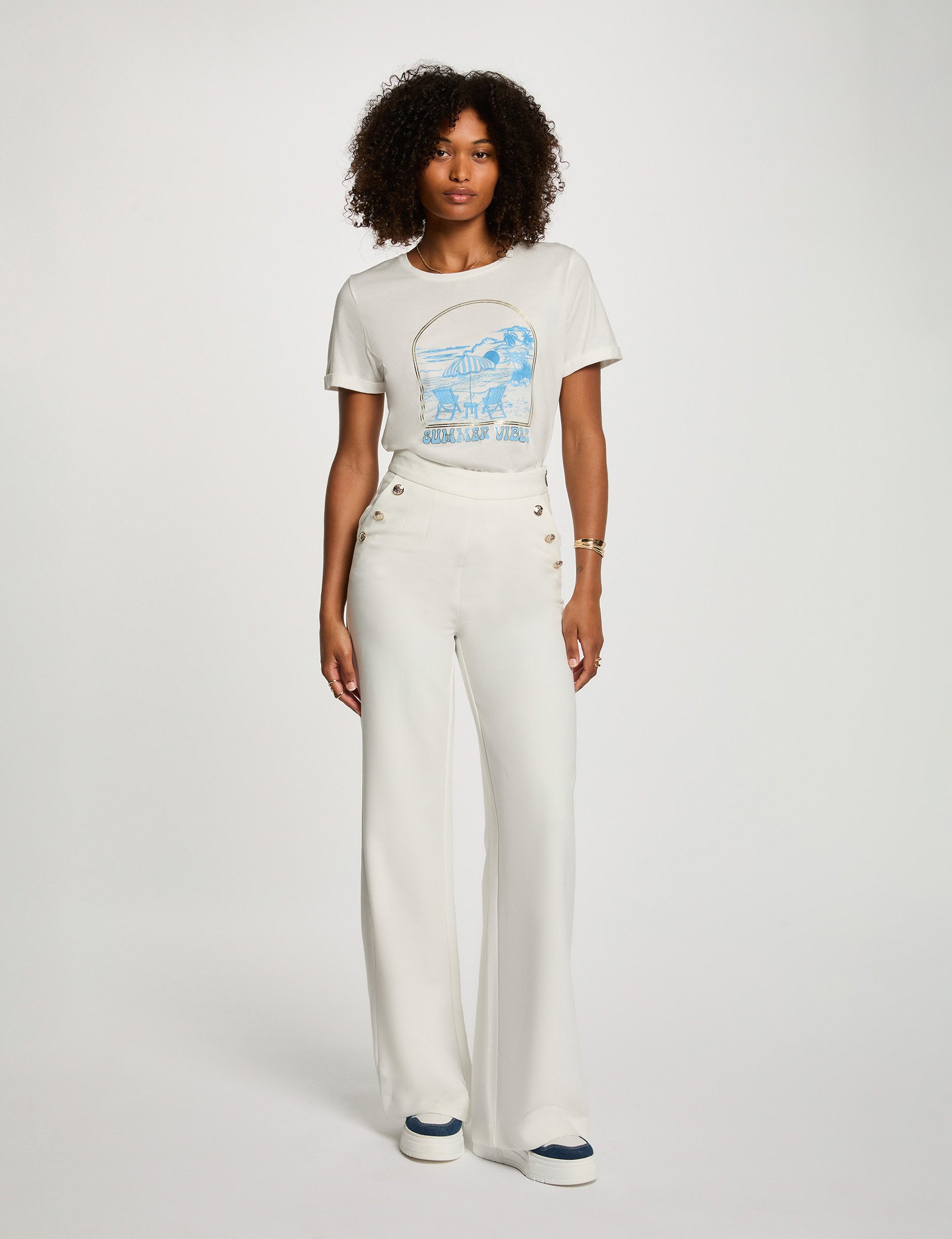 wijde broek met knopen helder wit vrouw Wijde broek met knopen helder wit vrouw