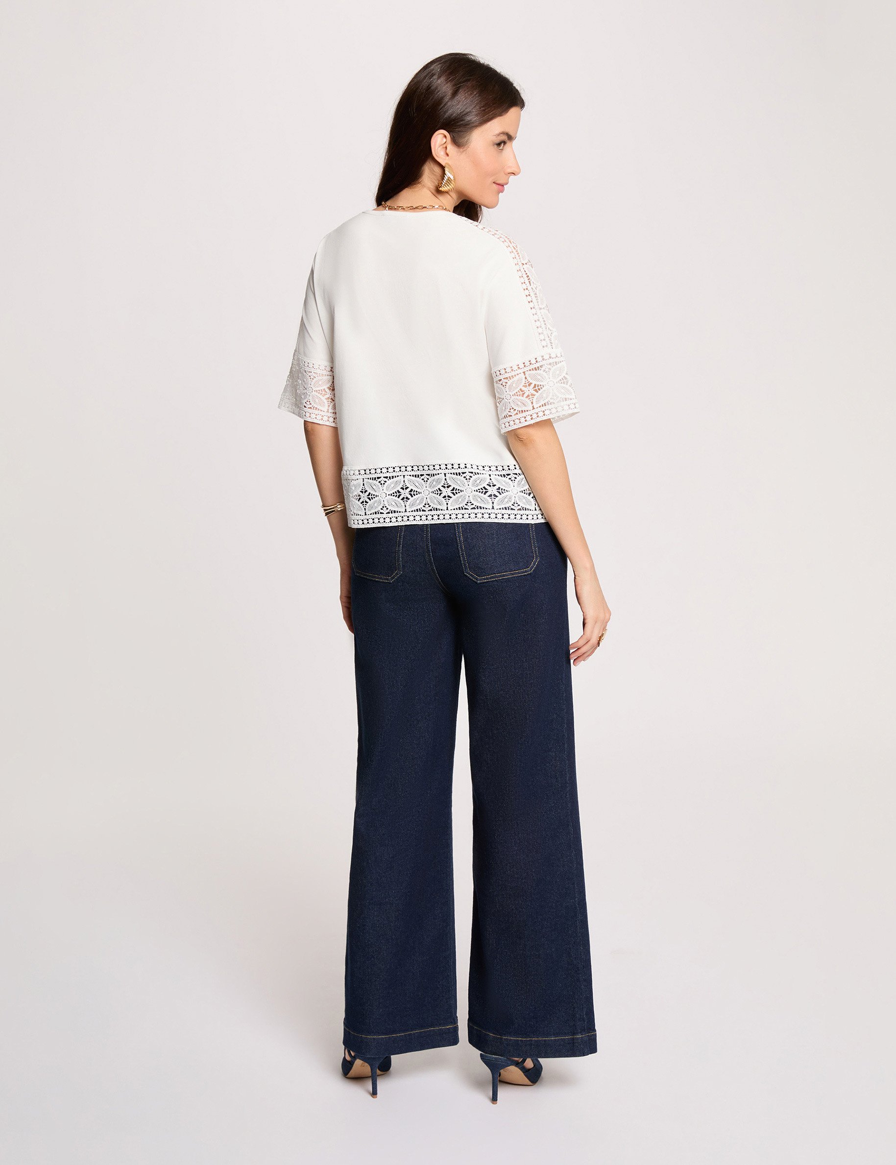 T-shirt dentelle col rond blanc femme