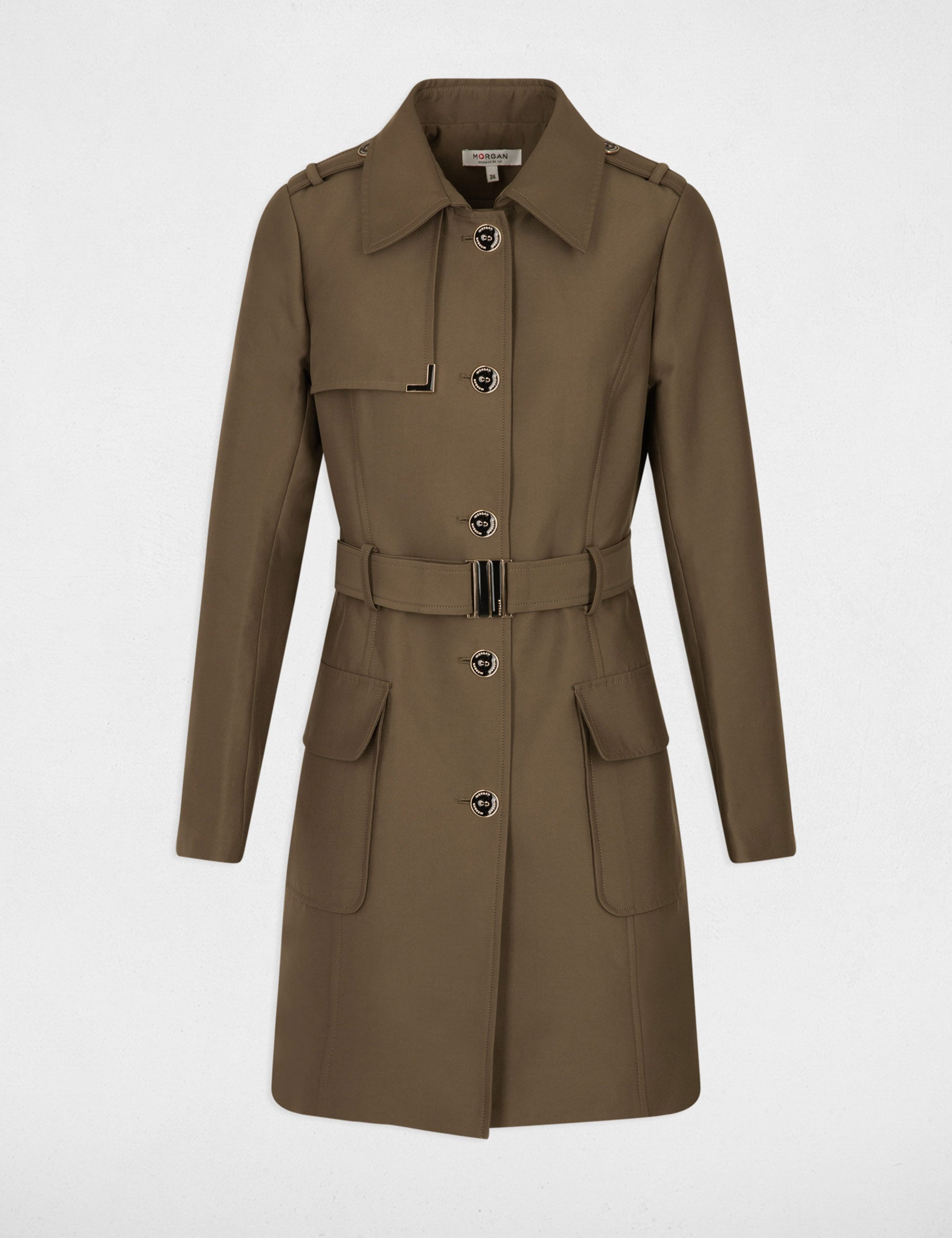 Trench long ceintur&eacute; vert kaki femme