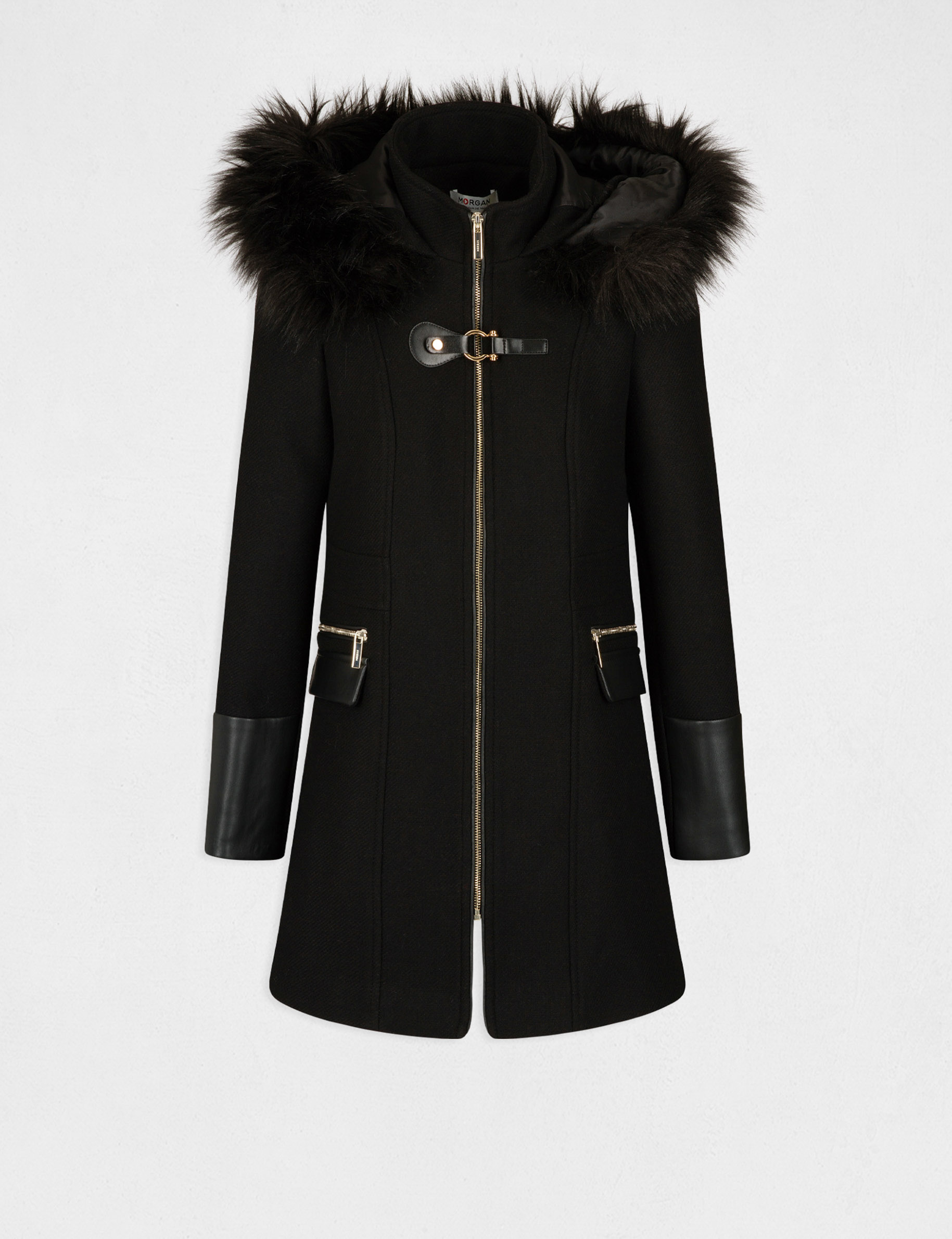 Manteau droit zippé à capuche noir femme