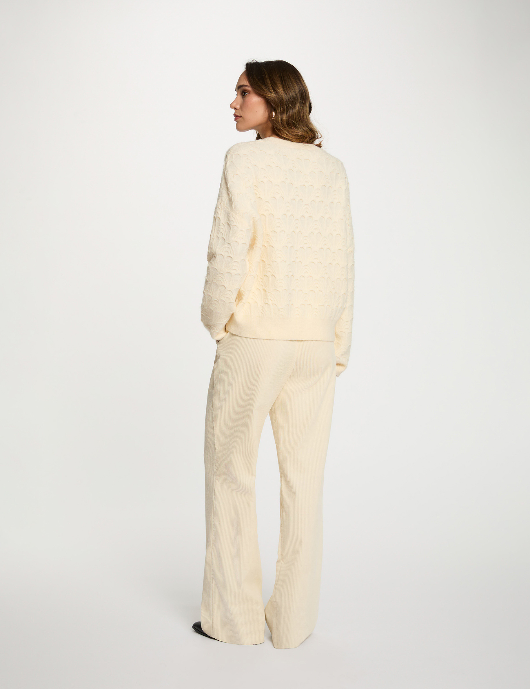 Wijde ribfluwelen broek ecru vrouw