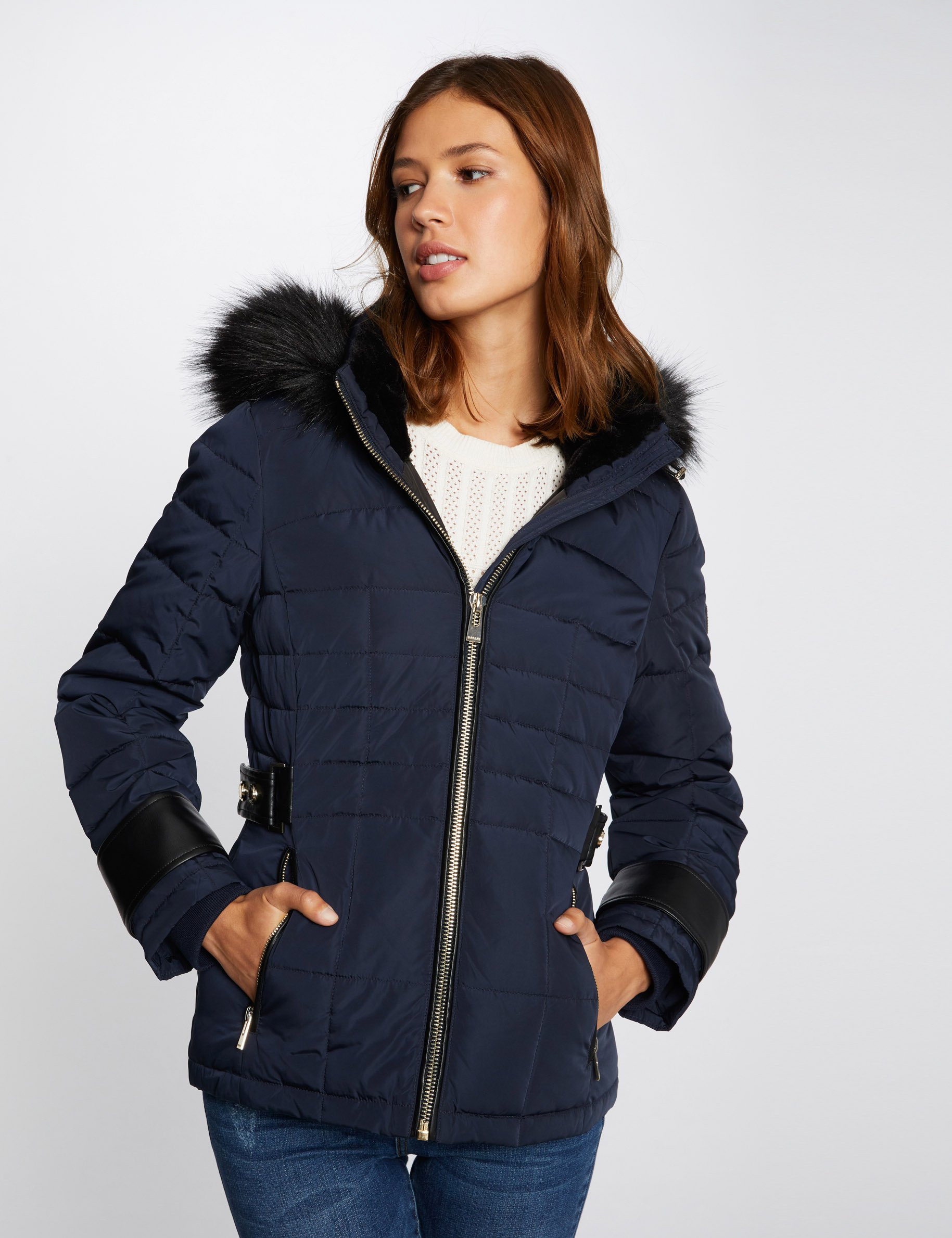 Doudoune droite à capuche bleu marine femme