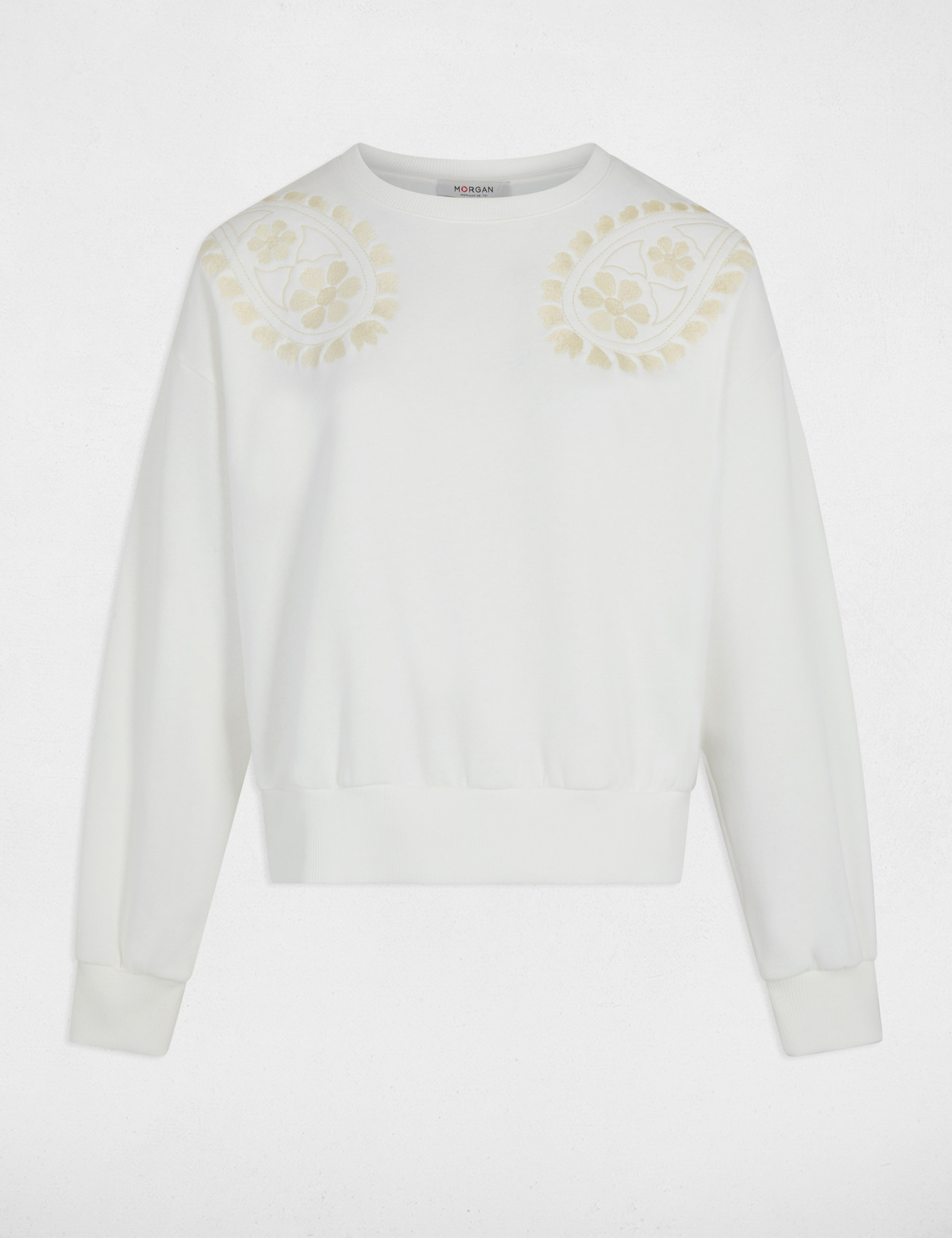 Pull maille brod&eacute;e blanc femme