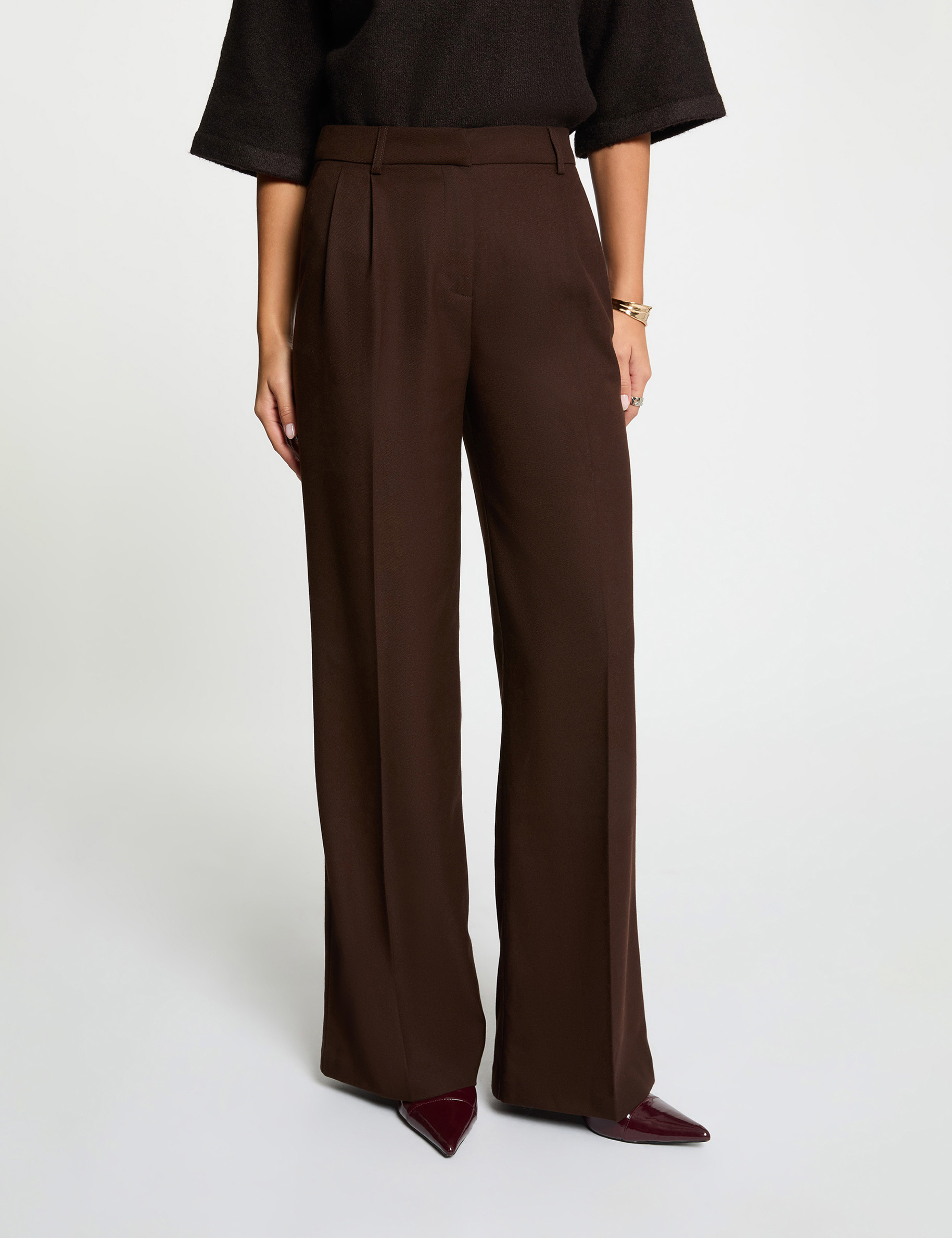 pantalon large taille haute marron fonce femme Pantalon large taille haute marron foncé femme