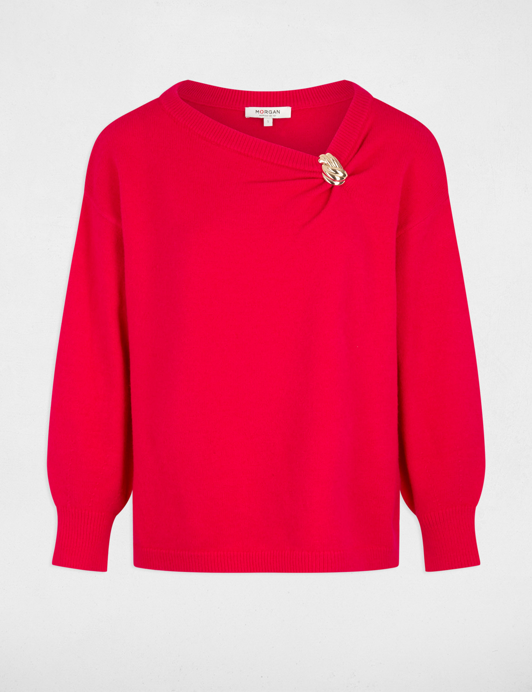 Pull asym&eacute;trique avec bijou rose vif femme