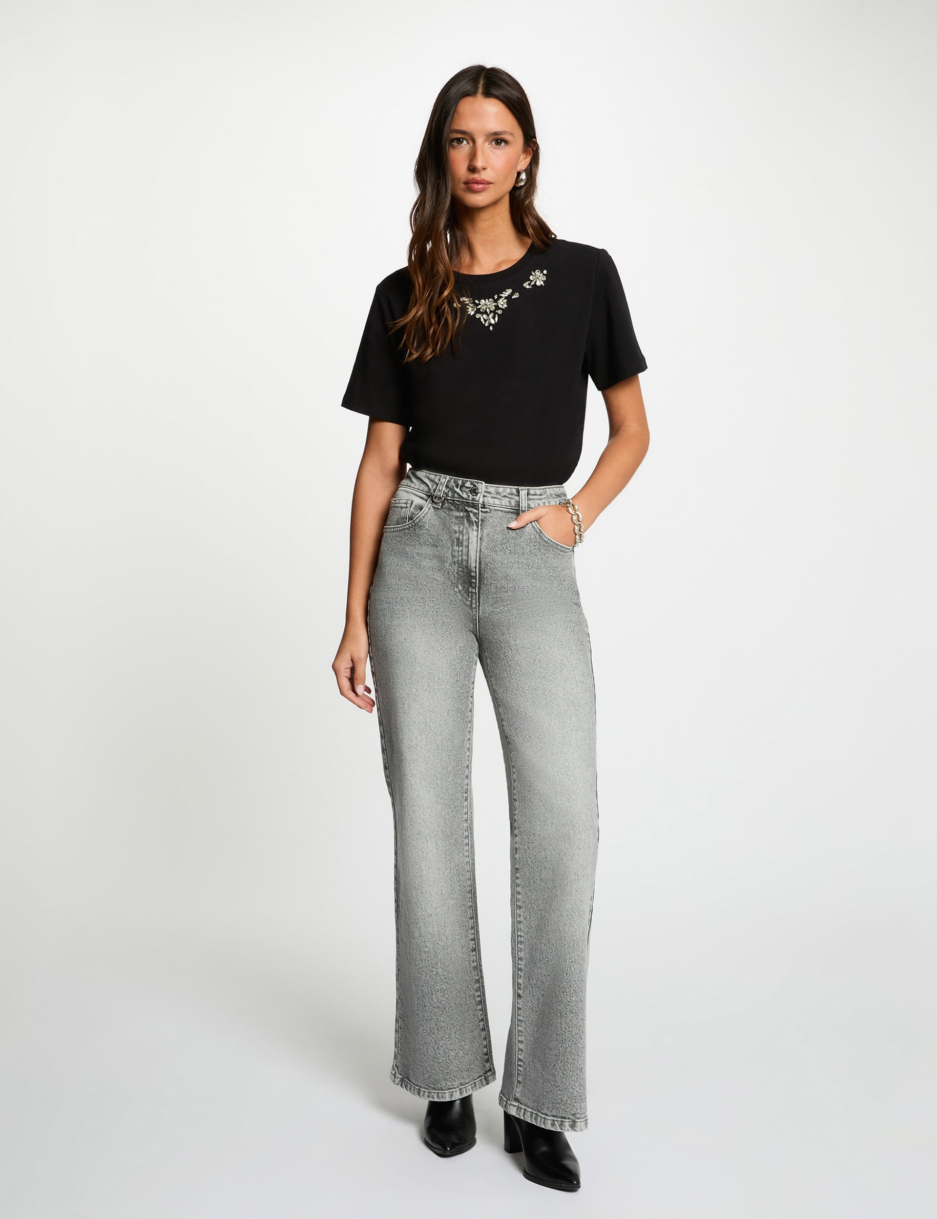 T-shirt strass manches courtes noir femme