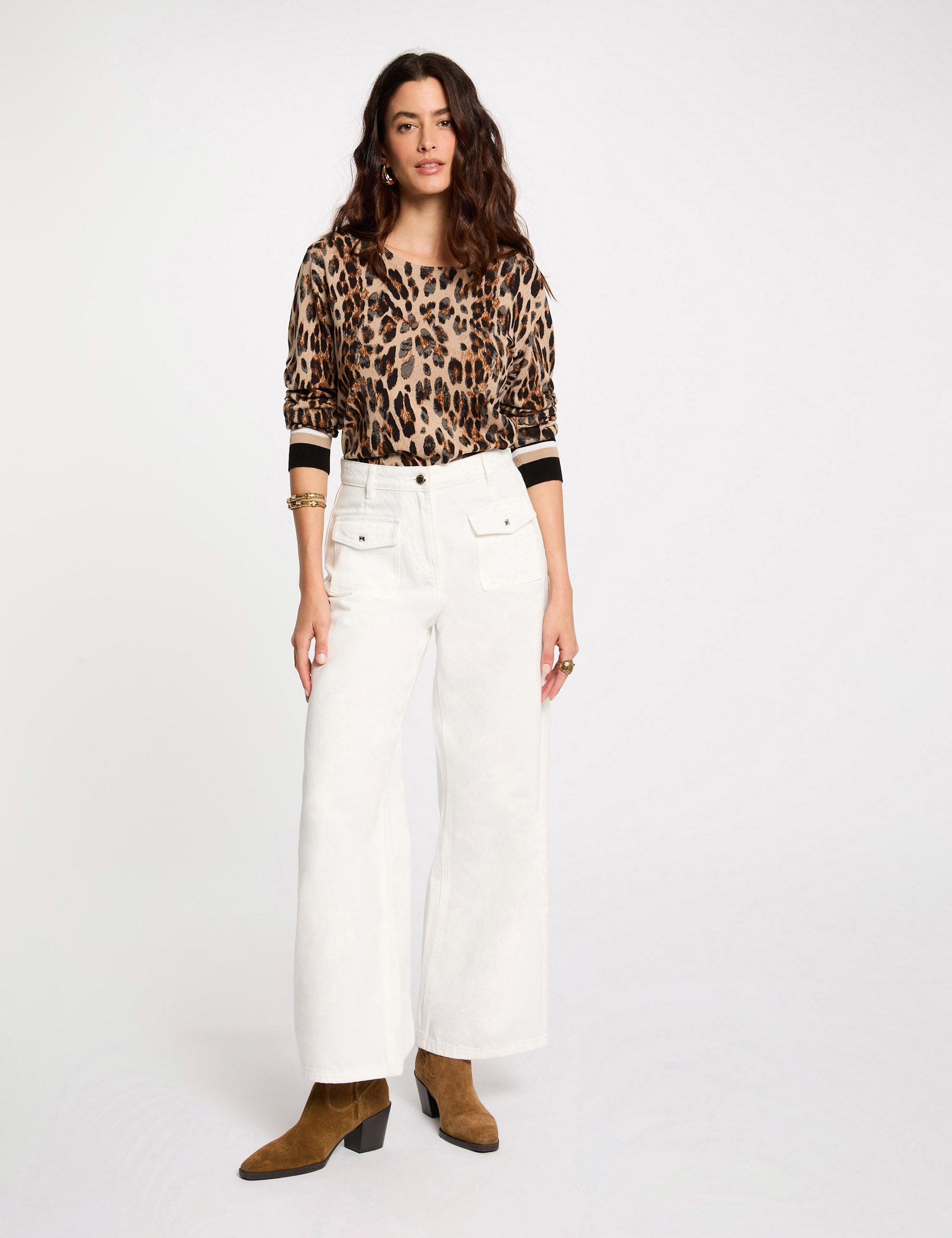 Pull col rond imprimé léopard multicolore femme