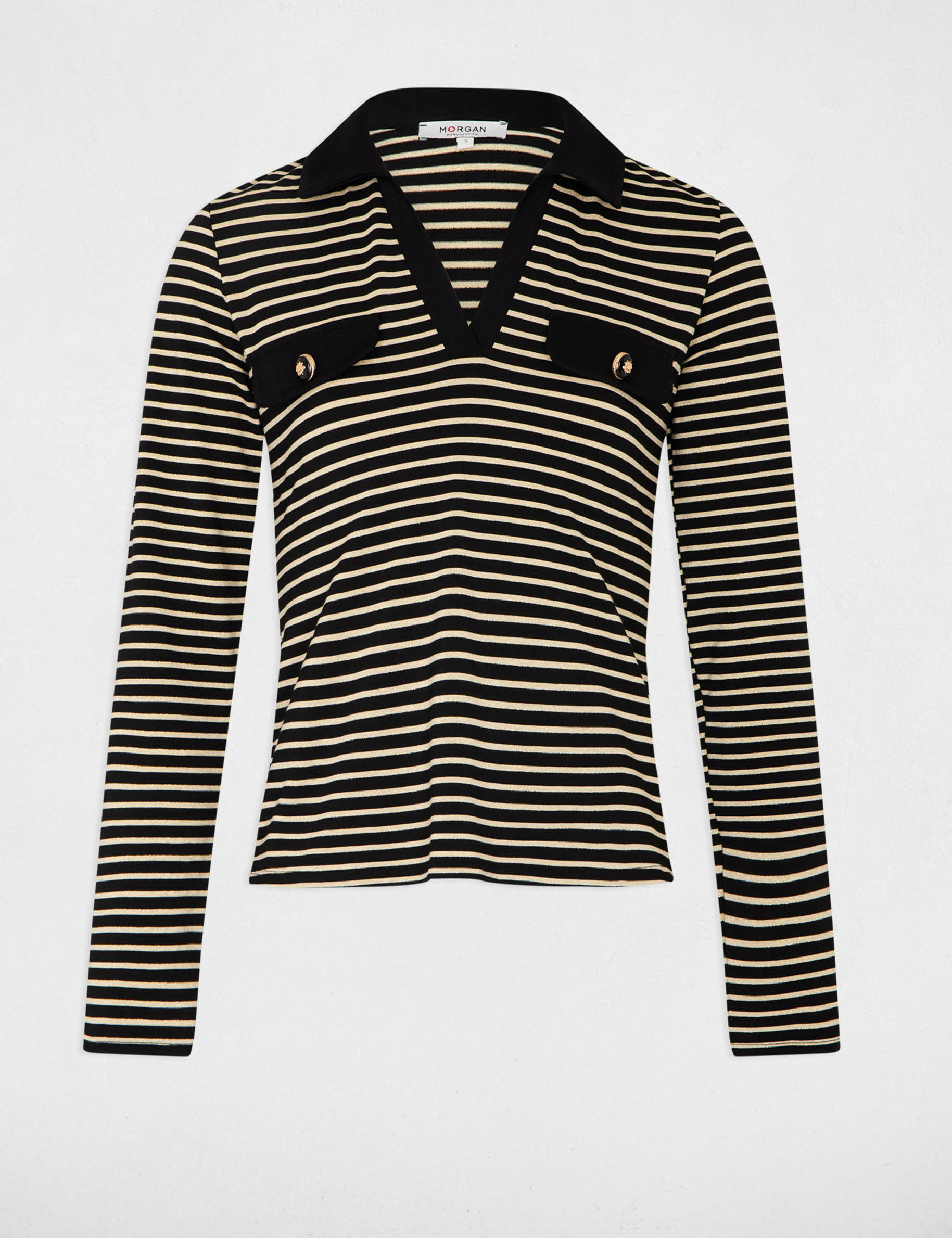 gestreept poloshirt met lange mouwen zwart vrouw Gestreept poloshirt met lange mouwen zwart vrouw