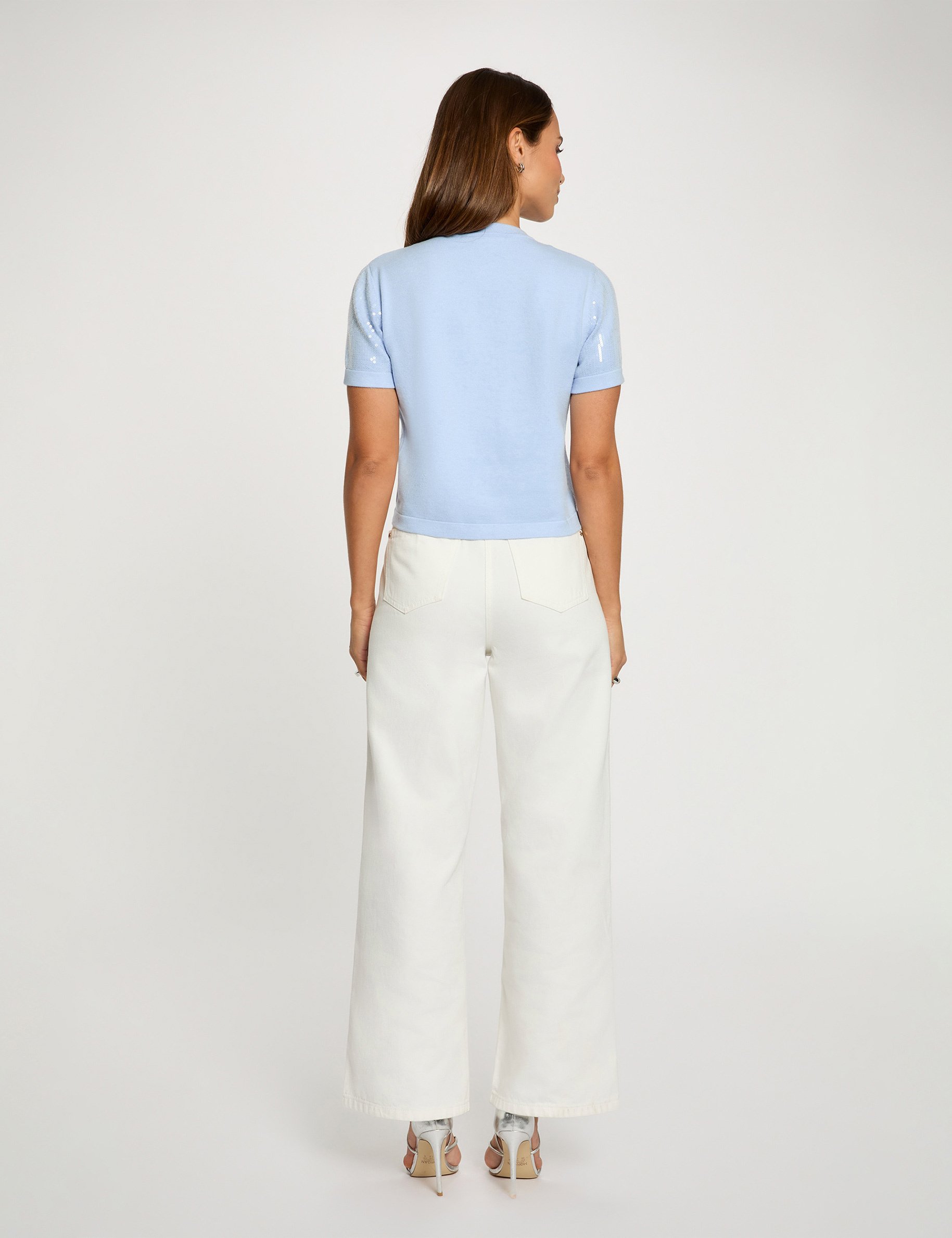 Gilet col rond sequins bleu ciel femme