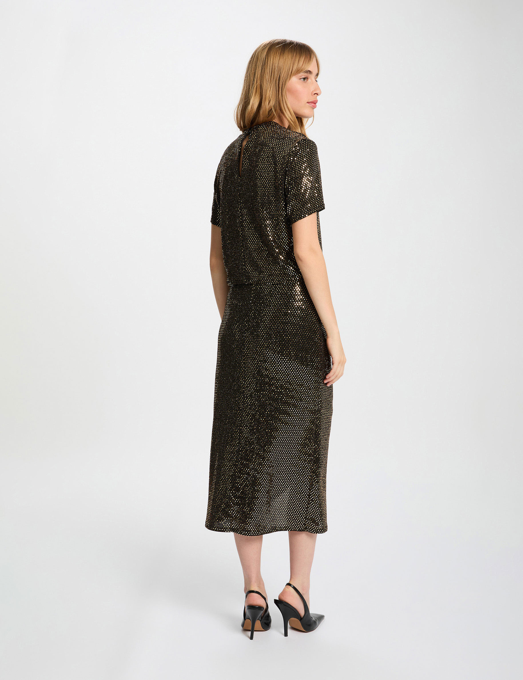 T-shirt met pailletten en hoge kraag goudgeel vrouw