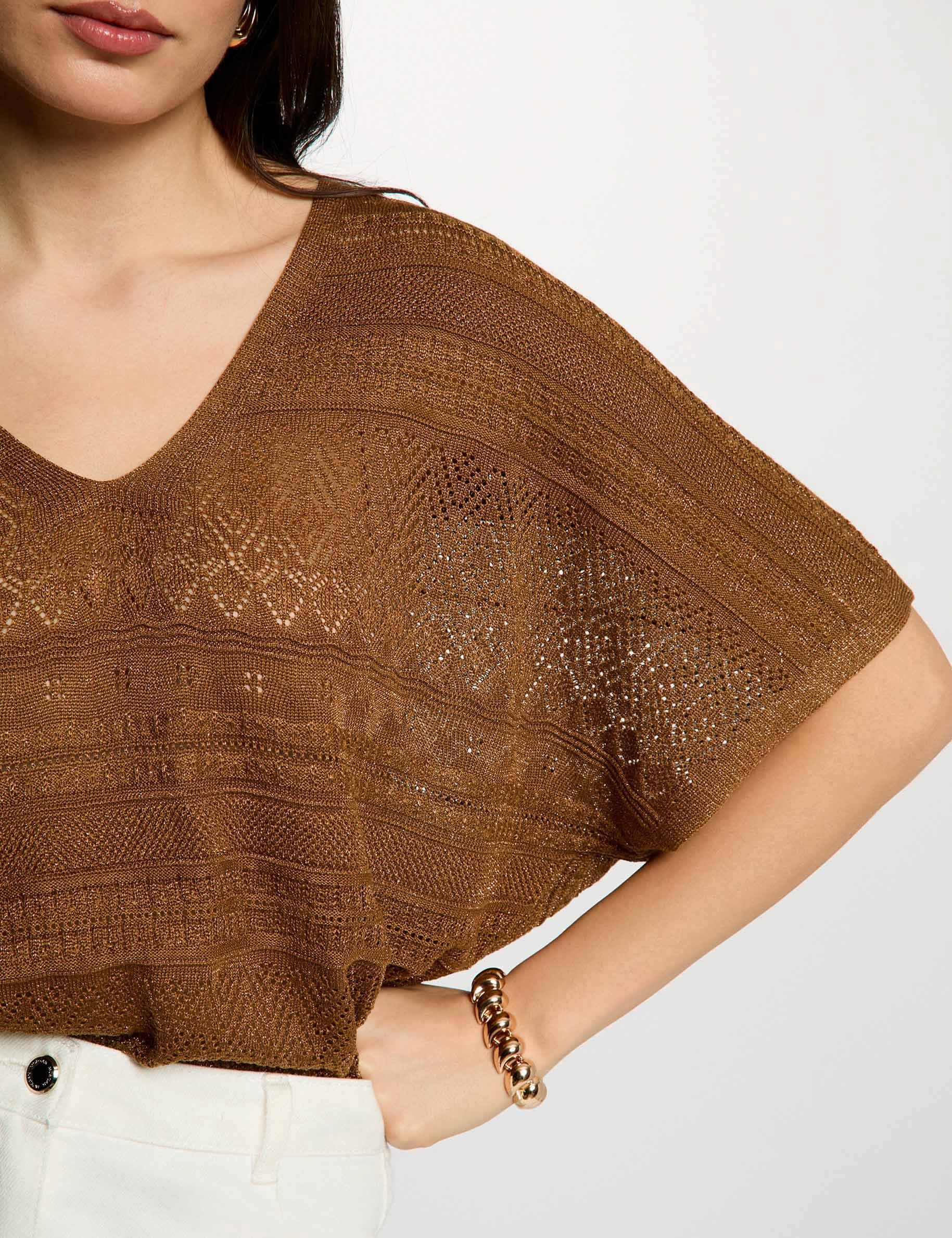 Pull oversize col v camel femme