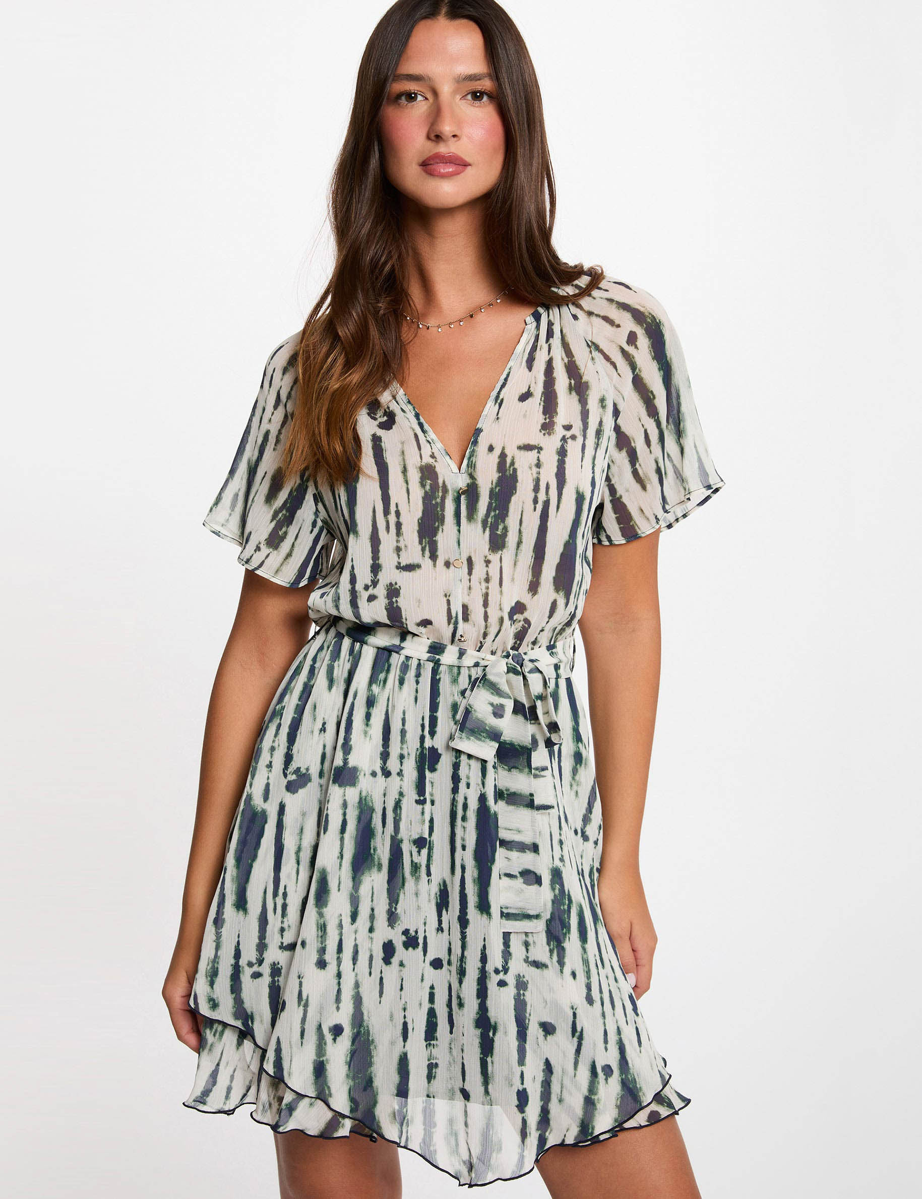 Robe courte col v multicolore femme