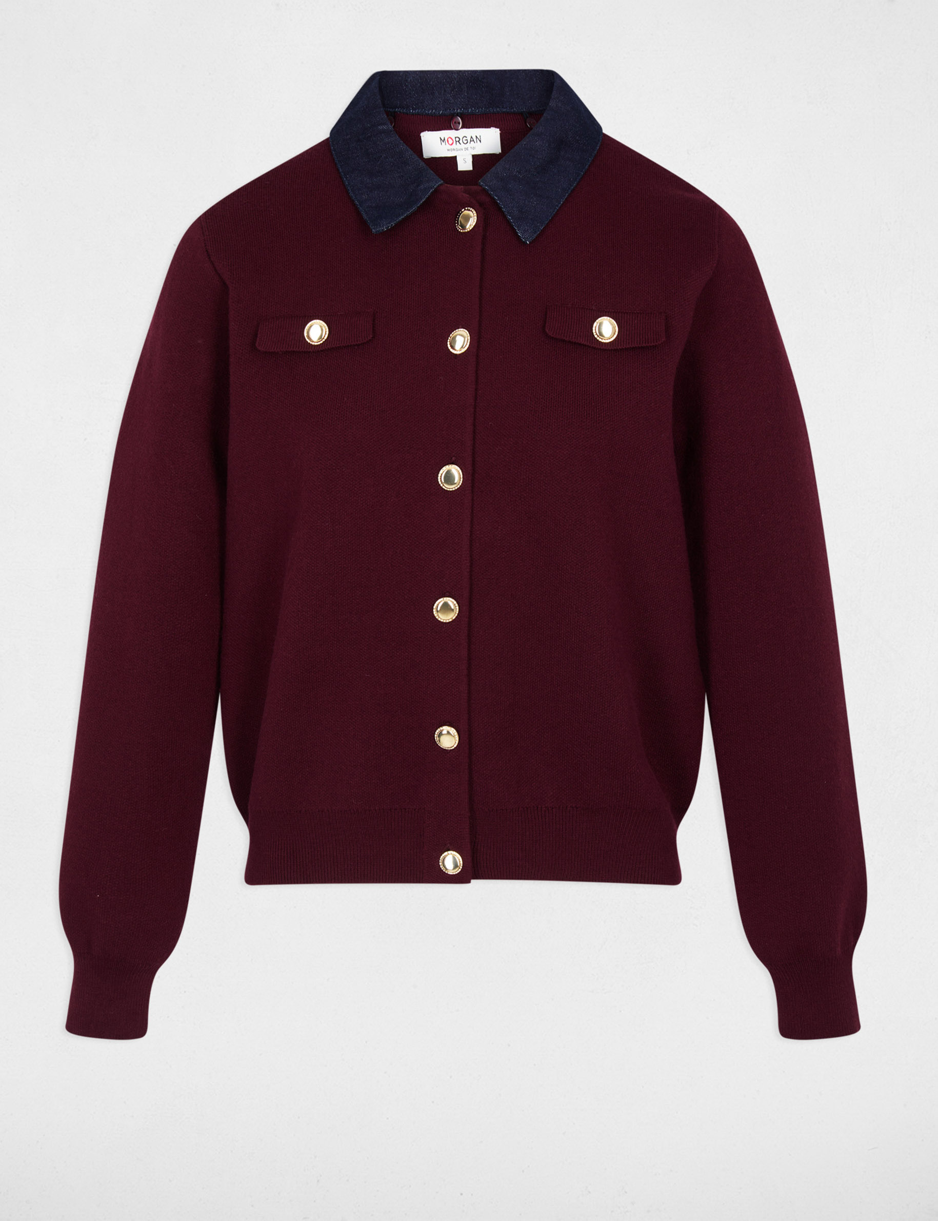 Gilet court col &agrave; revers prune femme