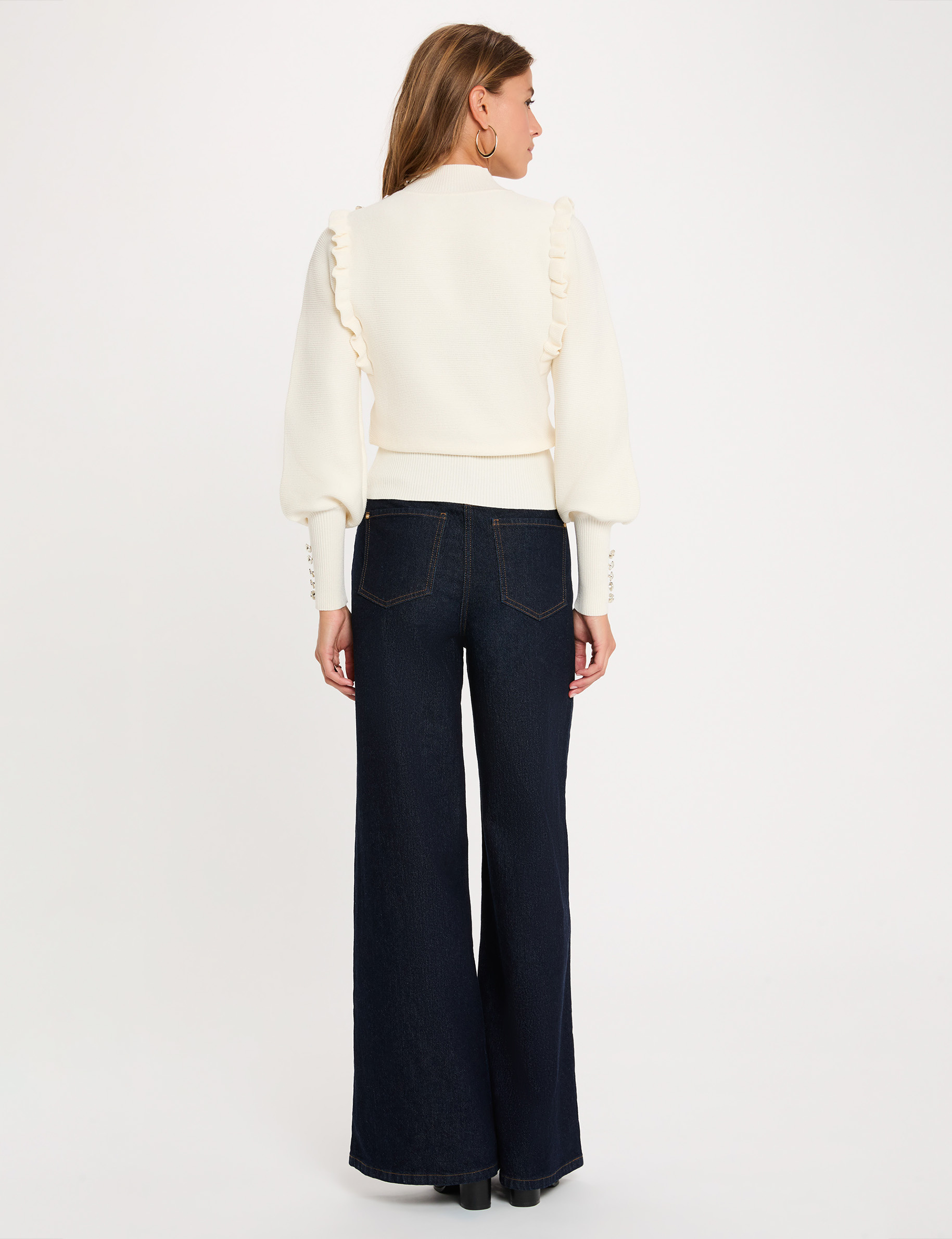 Pull manches longues avec volants ivoire femme