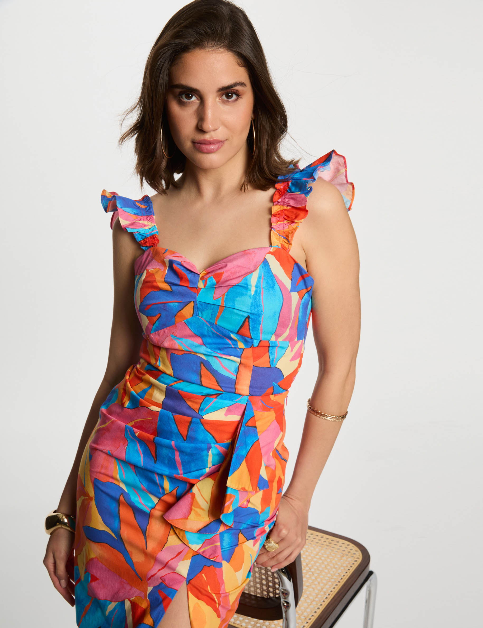 top met print en ruches meerkleurig vrouw Top met print en ruches meerkleurig vrouw