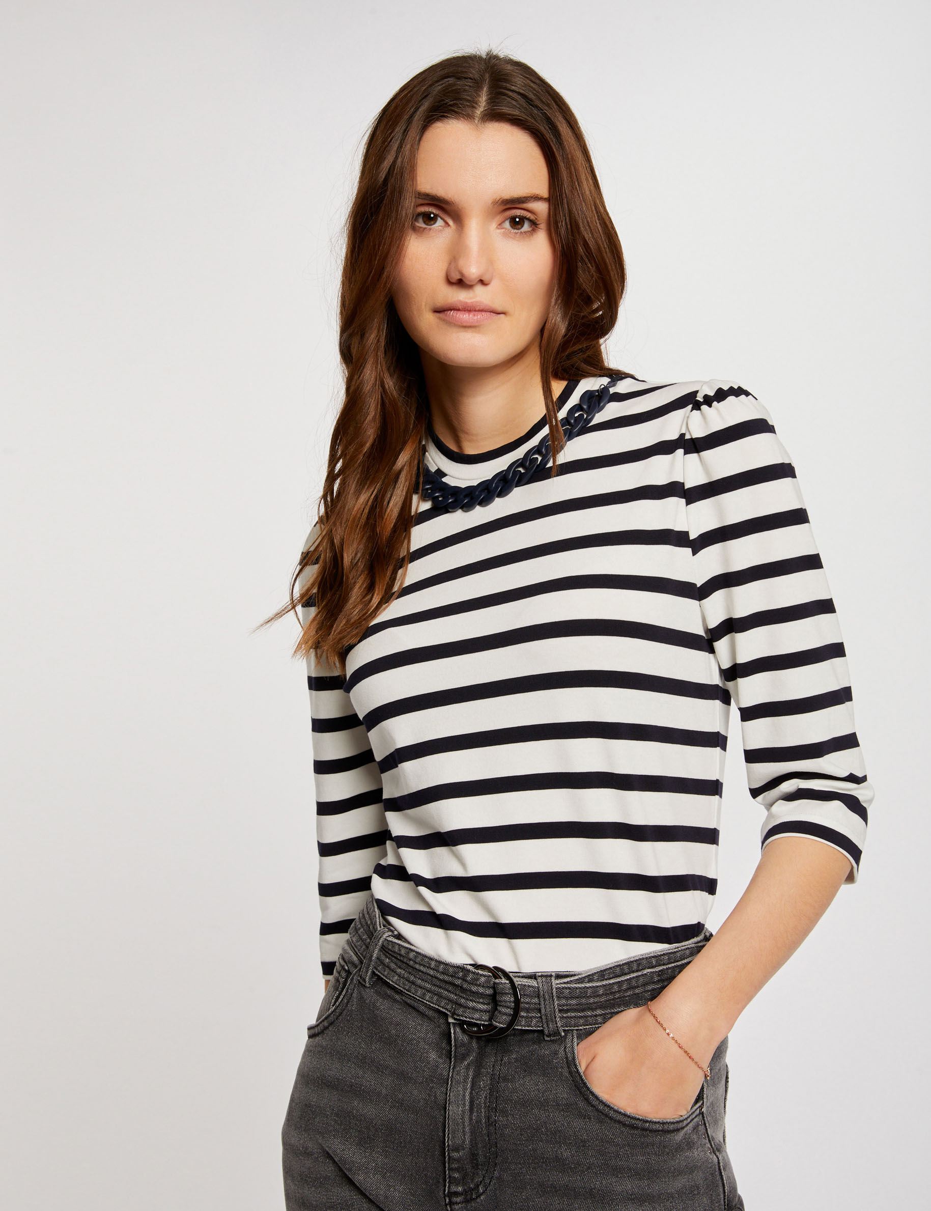 T-shirt manches 3/4 rayures ecru femme